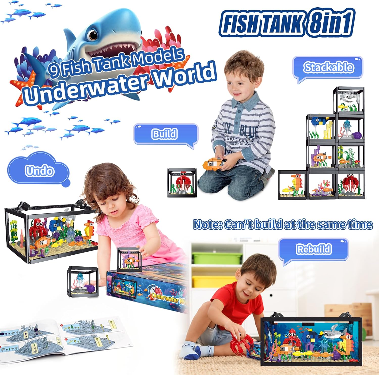 8 in 1 Fish Tank Building Sets, Marine Aquarium Building Toy with LED Light Animal Miniature Landscape Including Octopus Crab, Christmas Birthday Gifts for Adults Boys Girls Kids Ages 6 8 10 12+