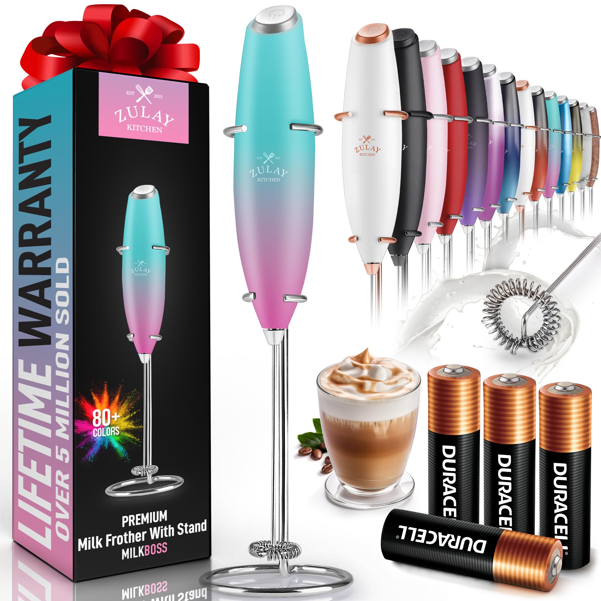 Zulay Powerful Milk Frother Handheld Foam Maker for Lattes - Whisk Drink Mixer for Coffee, Mini Foamer for Cappuccino, Frappe, Matcha, Hot Chocolate by Milk Boss (Bubblegum)