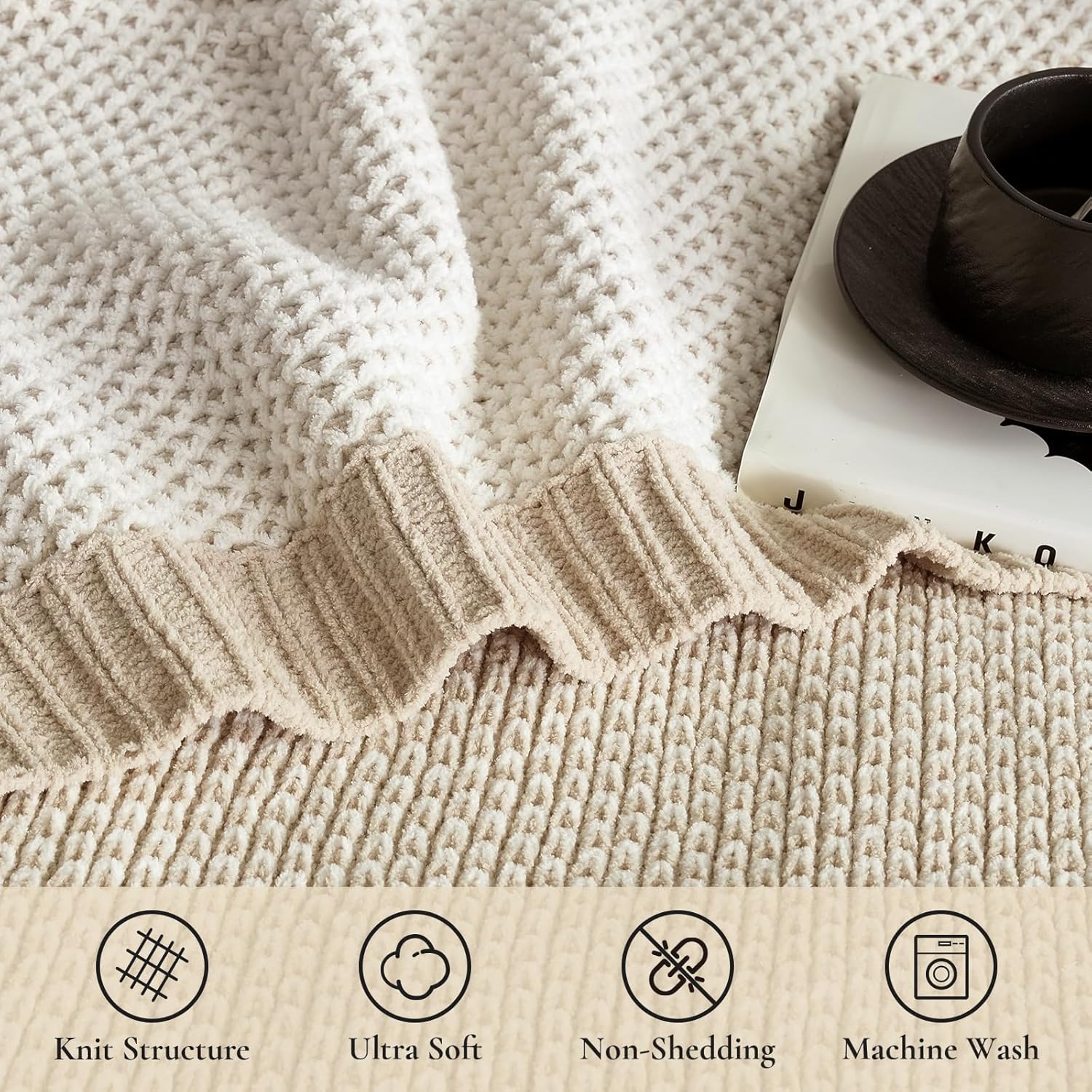 Amélie Home Honeycomb Knit Throw Blanket for Couch, Dual-Sided Soft Chenille Decorative Blankets for Sofa & Chair, 50"x60", Khaki & White - Image 8