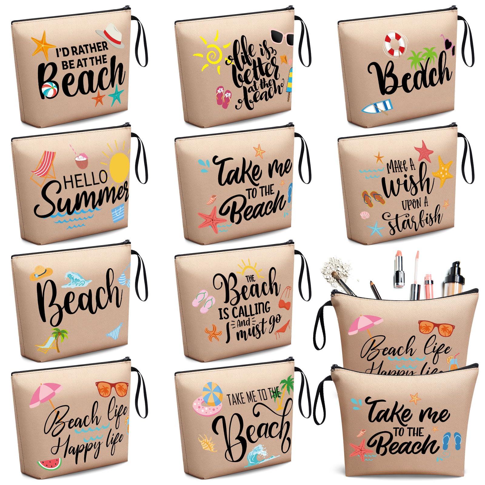 Bulyoou 10 Pcs Beach Themed Cosmetic Bags Bulk Zipper Pouch Makeup Bag for Women Girls Sea Weekend Travel Vacation Trip Gifts Supplies Summer Party