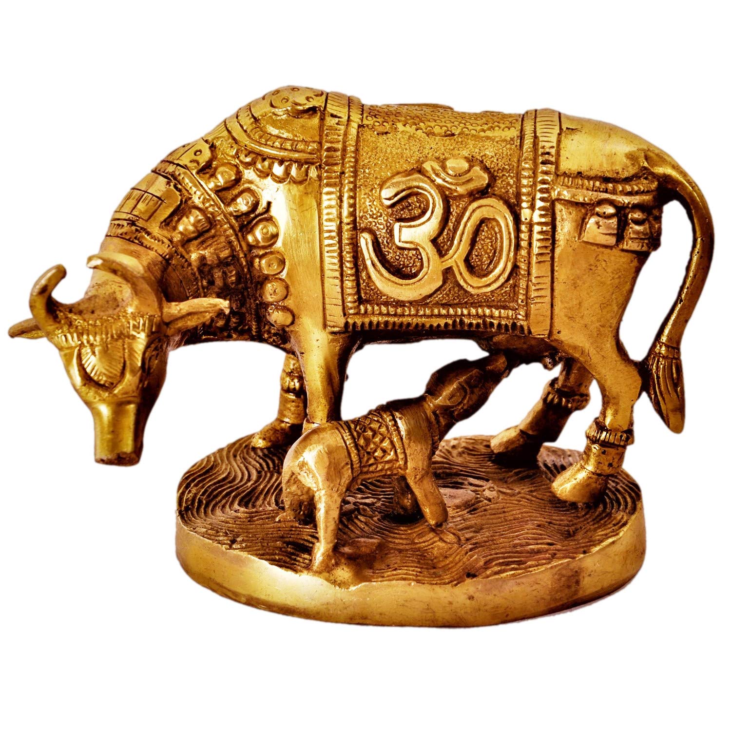 Purpledip Brass Idol Kamdhenu Wishing Cow-Calf with Auspicious Om & Swastika Symbols: Good Luck Charm Decor Gift (11385)