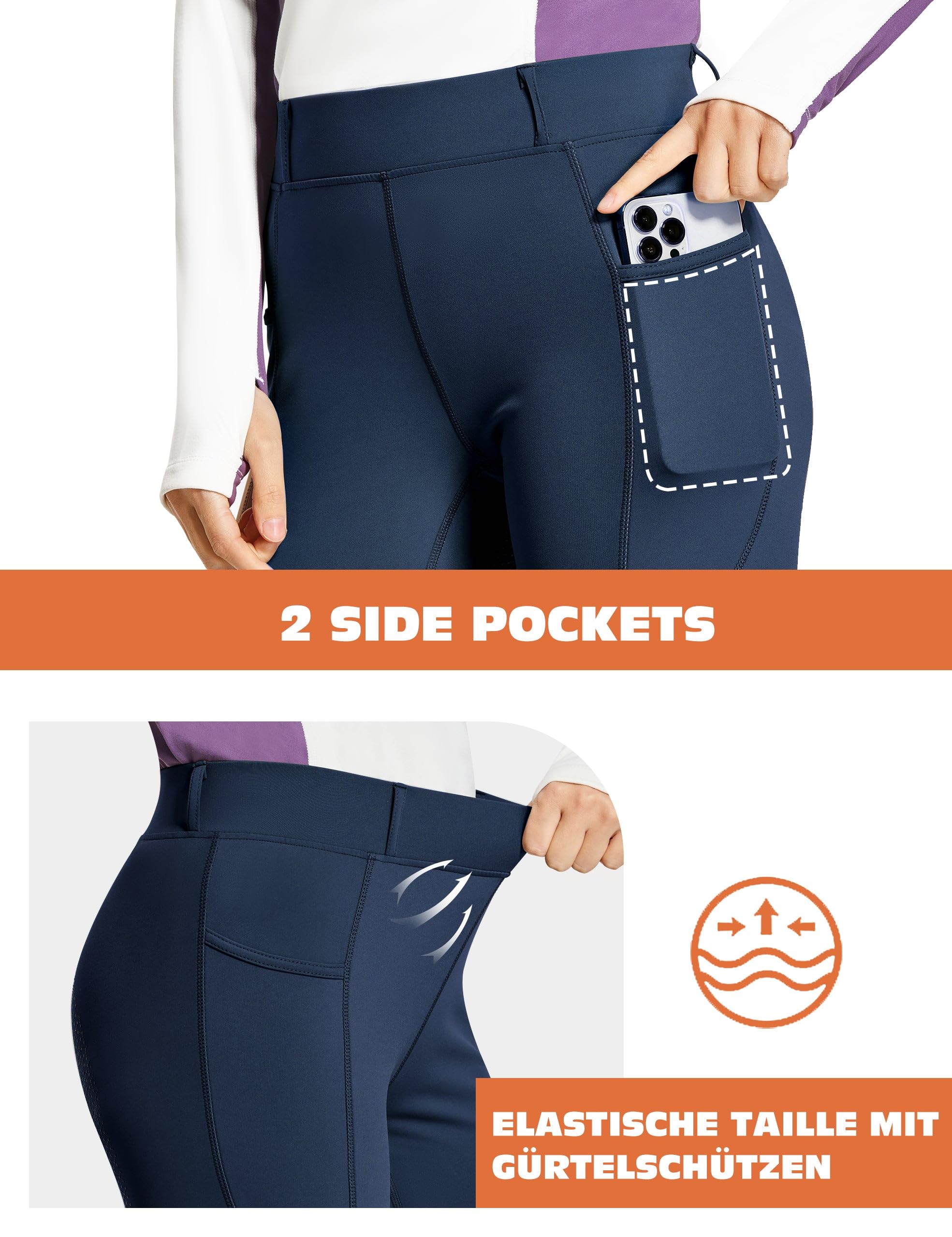 FitsT4 Sports Damen Reithose Bootcut Reitleggings Silikon Vollbesatz Schlaghose Reithose mit Handytasche und Gürtelschlaufen für Reitsport Pferdetraining Reitturnier