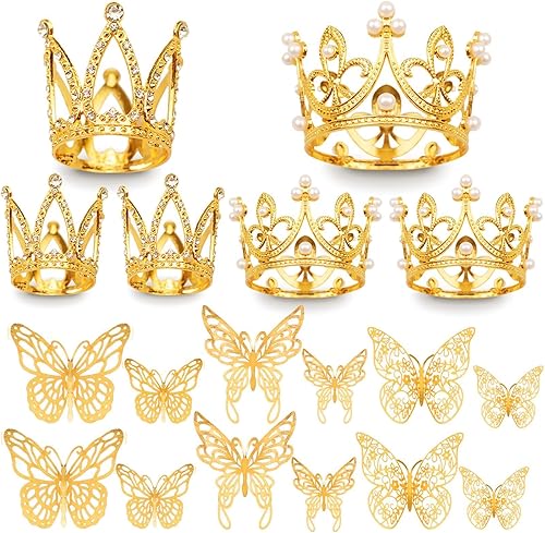 42 piezas de mini corona para torta con decoración de mariposa dorada 3D, corona de diamantes de imitación vintage con perlas de diamantes de