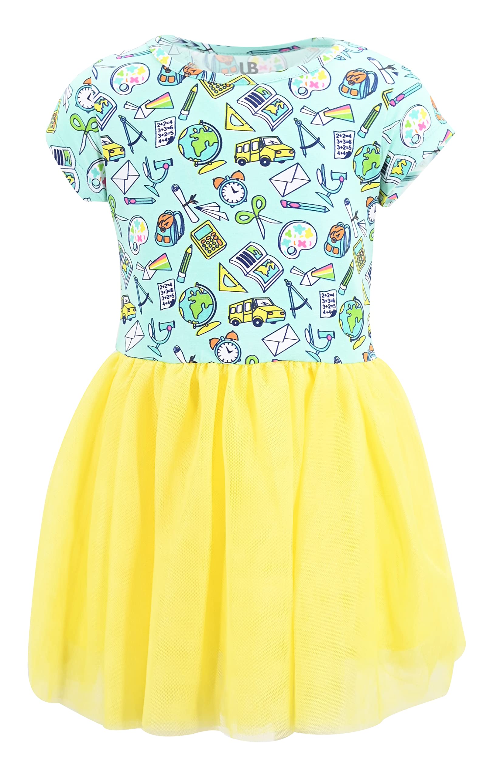 Girls Short Sleeve Tulle Tutu Dresses for Kid and Toddler Girl Back to School Dress Outfit Sizes 18M-12Y (5 Years, School Theme)