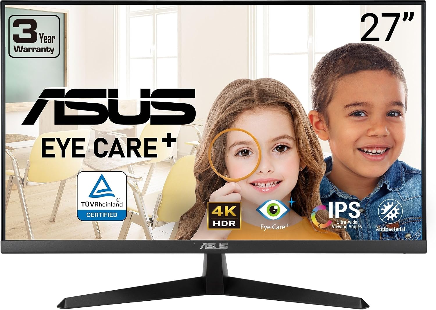 ASUS VY27UQ 27 Inch 4K UHD IPS Computer Monitor, HDMI, DisplayPort, Speaker | 3840 x 2160, IPS, HDR10, Adaptive Sync, Eye Care Plus, Blue Light Filter, Flicker Free, 3yr warranty, VESA Wall Mount, EPEAT
