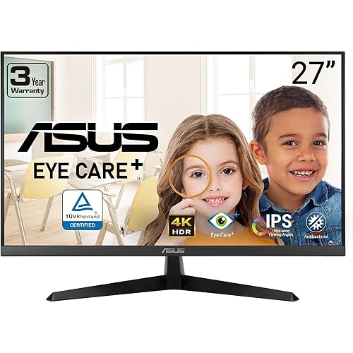 ASUS 27” 4K Eye Care Monitor (VY27UQ) - UHD (3840 x 2160), IPS, HDR10, Adaptive Sync, Eye Care Plus, Display Port, HDMI, Speaker, DisplayWidget, Blue Light Filter, Flicker Free, 3yr Warranty