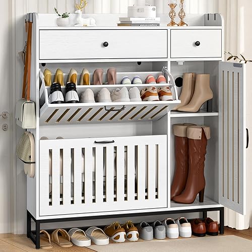 Miniatura 9 de Zapatero con 2 armarios abatibles y armario lateral, armario de zapatos con estantes ajustables, organizador de almacenamiento de zapatos para Ratán