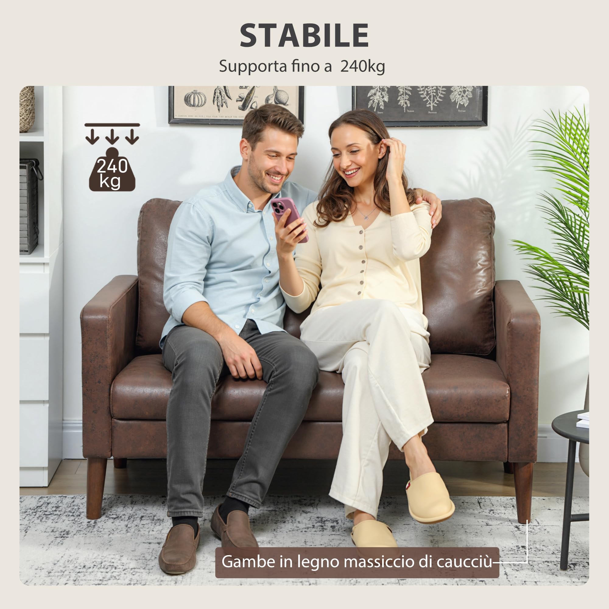 HOMCOM Divano 2 Posti Imbottito in Tessuto Effetto Pelle Traspirante con Cuscini e Gambe in Legno di Caucciù, Divanetto Salvaspazio con Braccioli per Soggiorno, Salotto, 130x78x85 cm, Marrone Scuro