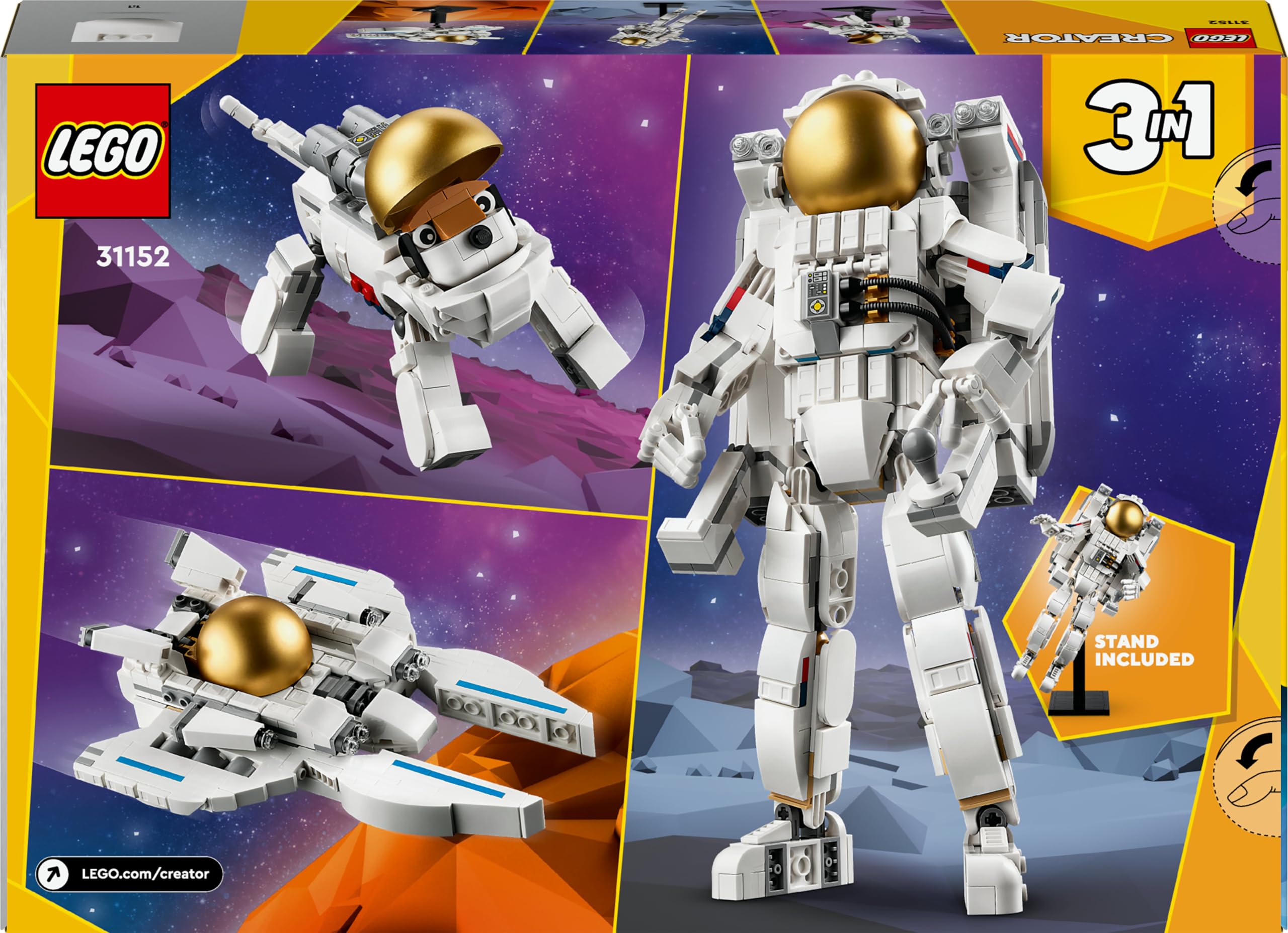 LEGO Creator 3 w 1 Astronauta 31152 | Zestaw klocków, figurka astronauty do przebudowy na psa lub statek kosmiczny, prezent dla dzieci od 9 lat, 647 elementów