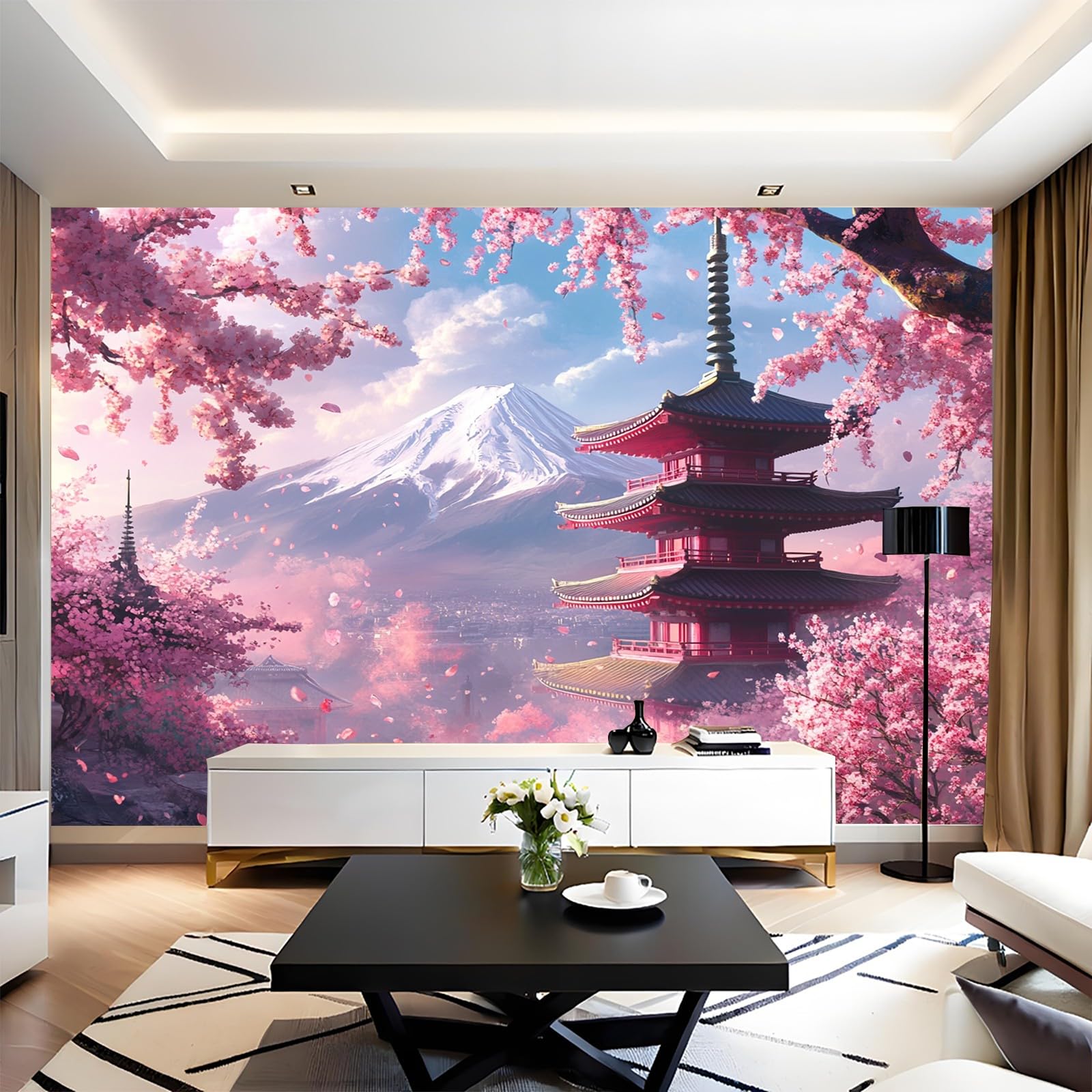 Fototapete Japanischer Kirschblütenturm 3D Effekt Vliestapete 350 x 256 cm Rosa Wandtapete Wandbild für Wohnzimmer Schlafzimmer TV Hintergrund