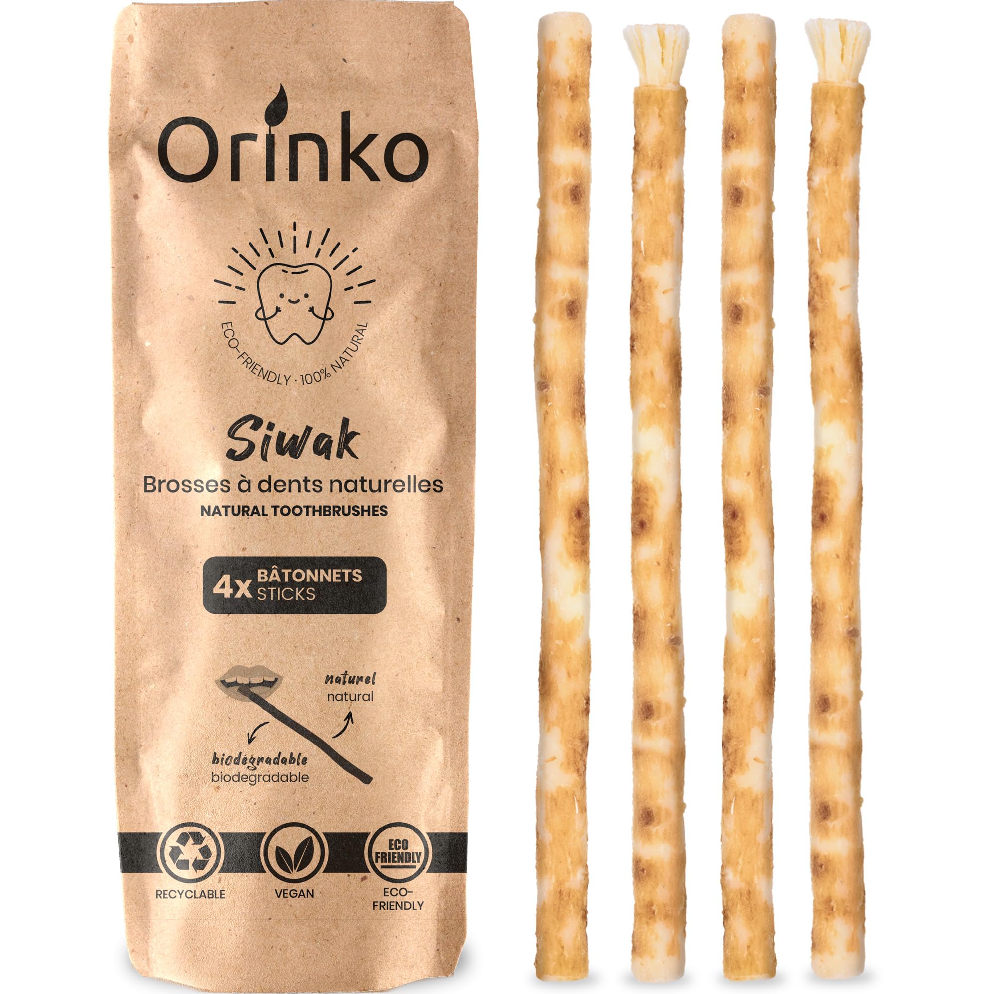 ORINKO® Miswak Stick x4, Natural Chewable Wooden Toothbrush for Oral Hygiene, Organic Miswak Dental Tool for Fresh Breath