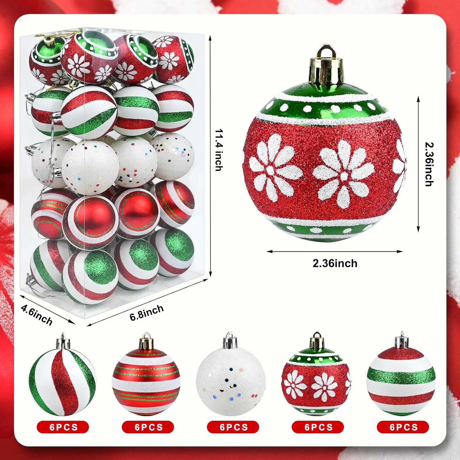 30ct christmas balls ornaments - 2.36’’ red green white christmas ball ornaments, shatterproof xmas ball ornament, hanging balls ornament for xmas trees holiday party 30pcs rgw