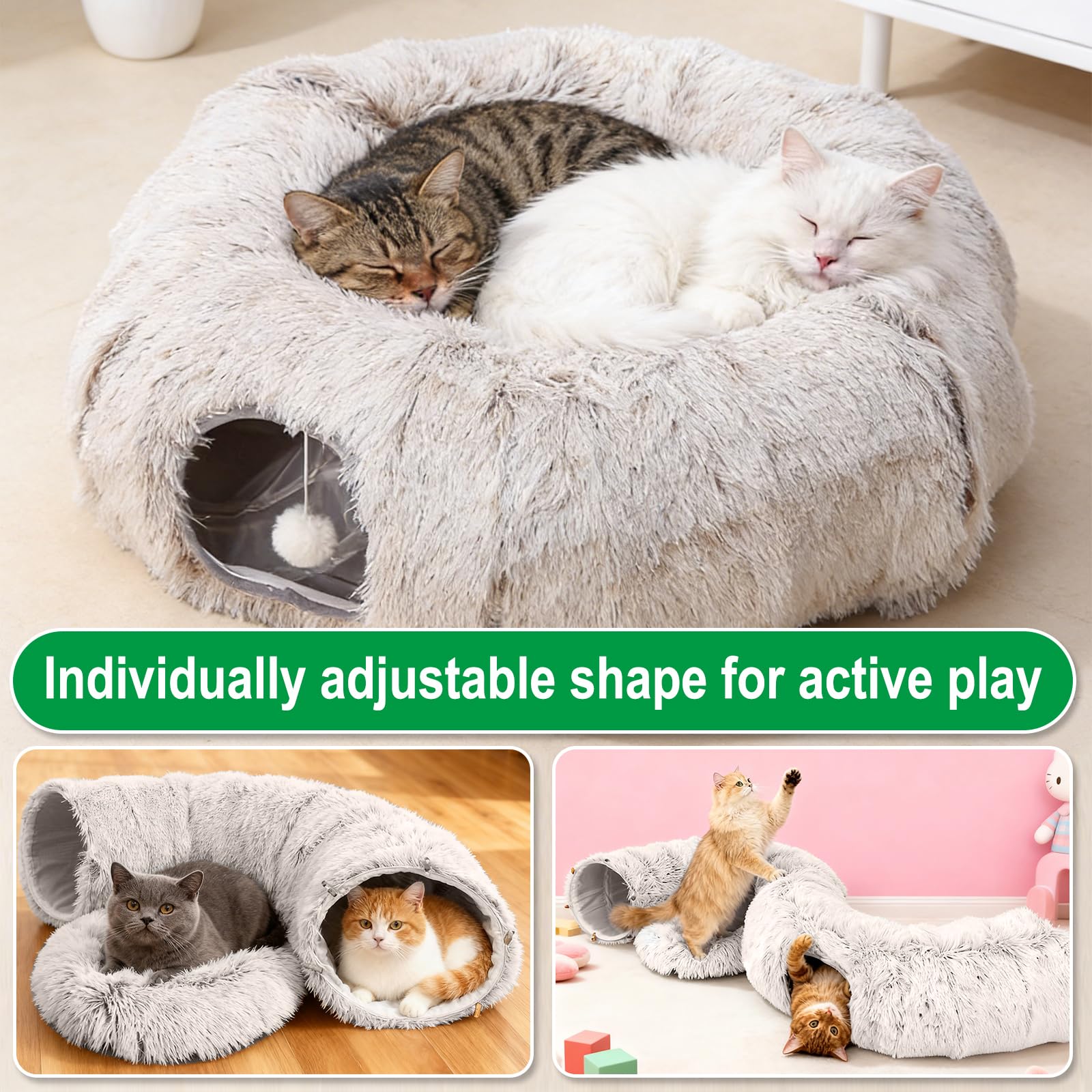 Grand tunnel pour chat - Jouet en peluche pour chat - Tunnel pour chat d'intérieur - Tunnel multifonction pour chat - Lit doux avec deux entrées - Grotte pour chat (café)