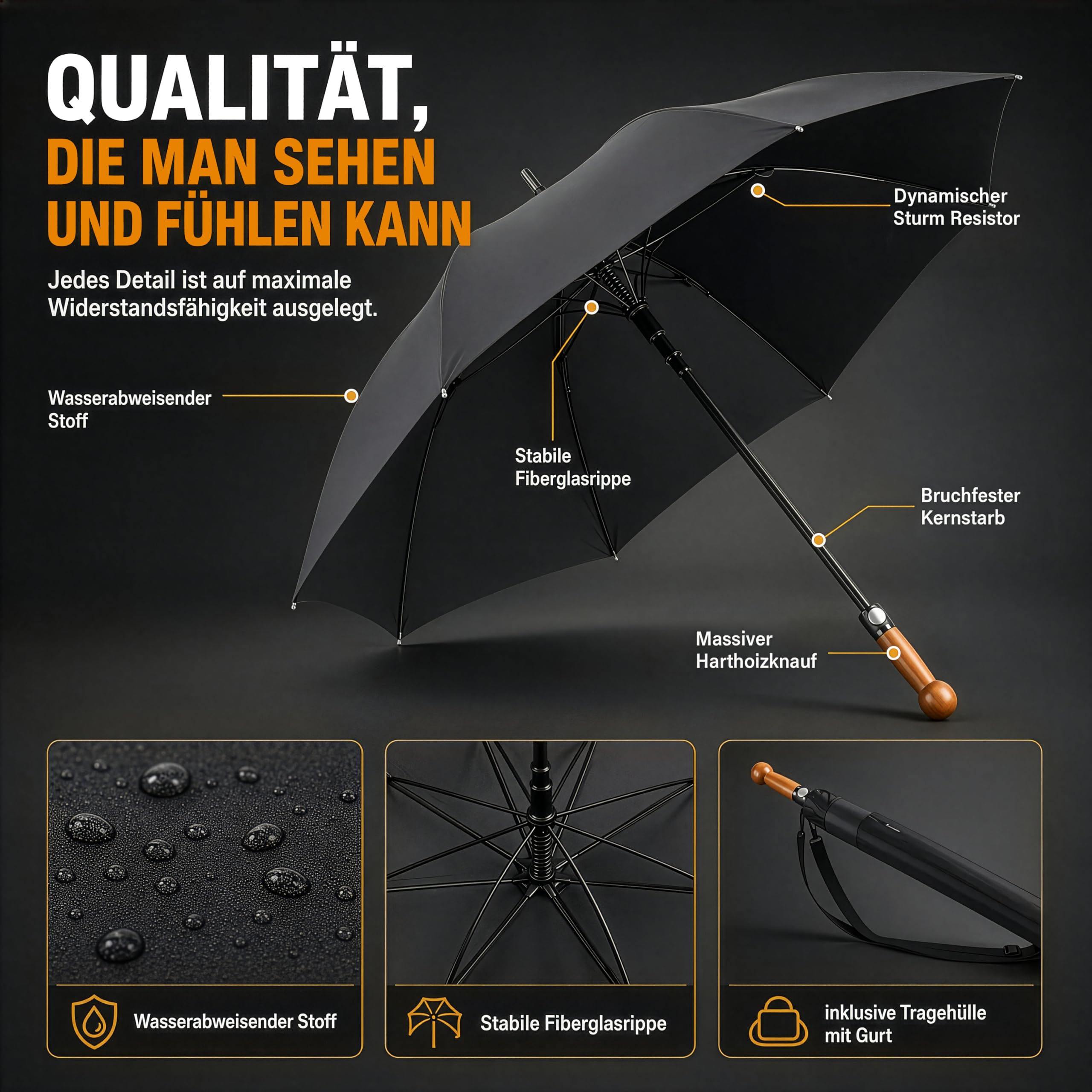 Sicherheitsschirm Selbstverteidigungsschirm XXL – Extrem stabil & nahezu unzerbrechlich – Fiberglas-Kern – Massivholzgriff – Sturmfest für 2 Personen – Regenschirm Selbstverteidigung schwarz