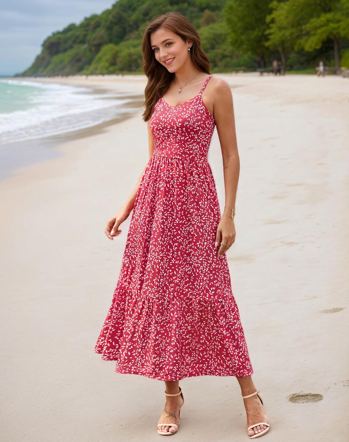 Zattcas Women's 2026 Summer Casual Floral Maxi Dress with Pockets Spaghetti Strap V Neck Empire Waist Beach Long Sundress - Image 4