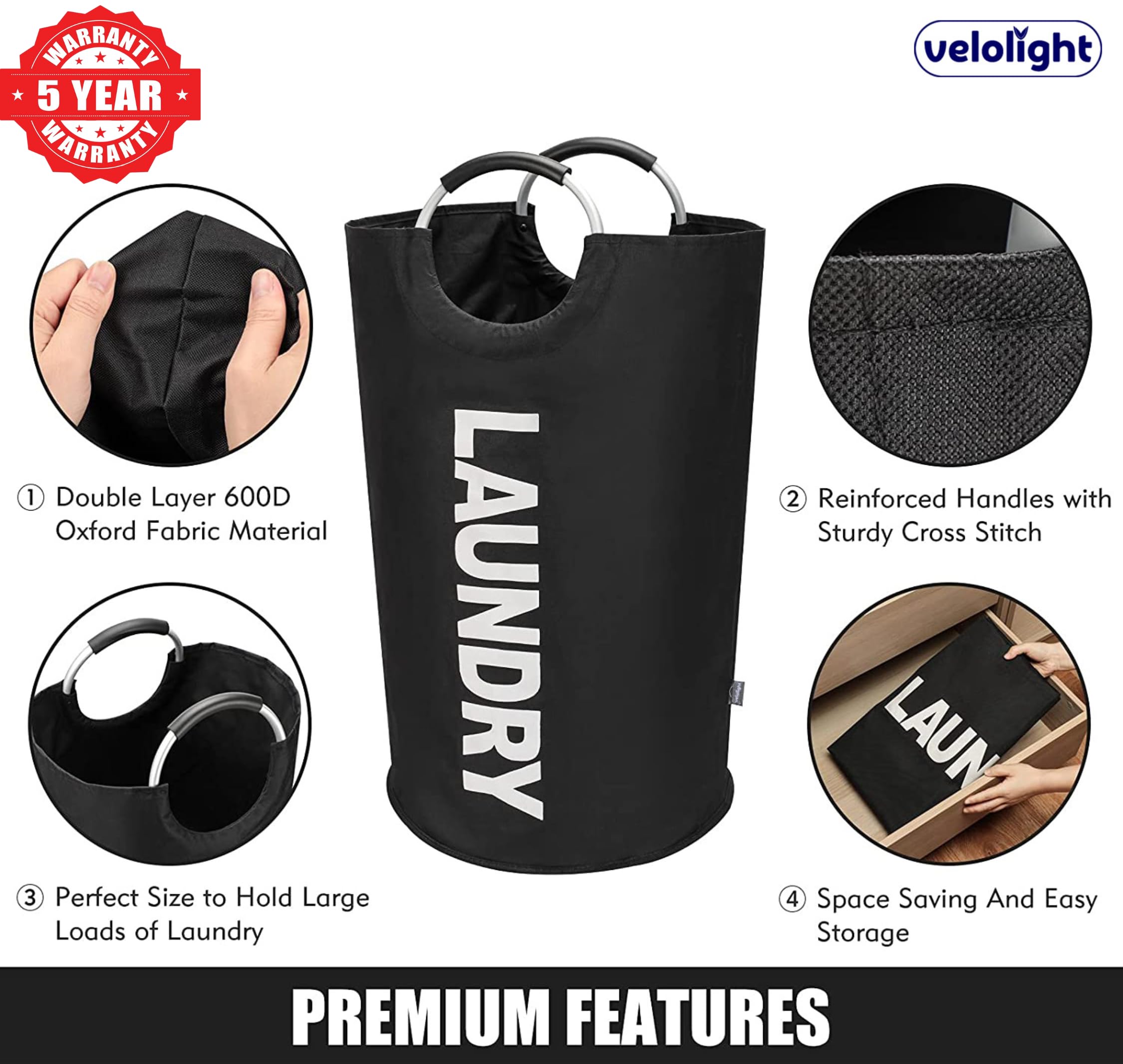Velolight Laundry Basket with Handles (X-Large 115 Lts) Big Foldable Laundry Bag Waterproof Bin Hamper for Dirty Used Clothes for Washing (79Cms * 43Cms) (Black, X-Large)