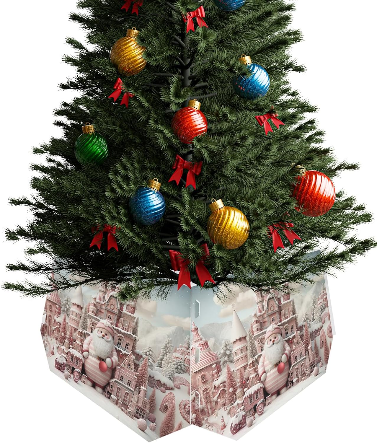 Christmas Tree Collar 6-PCS14.5"x 10", Christmas Tree Ring Christmas Pink Cake Santa Claus Building Christmas Tree Stands Skirts Base Covers for Xmas Holiday Home Decor