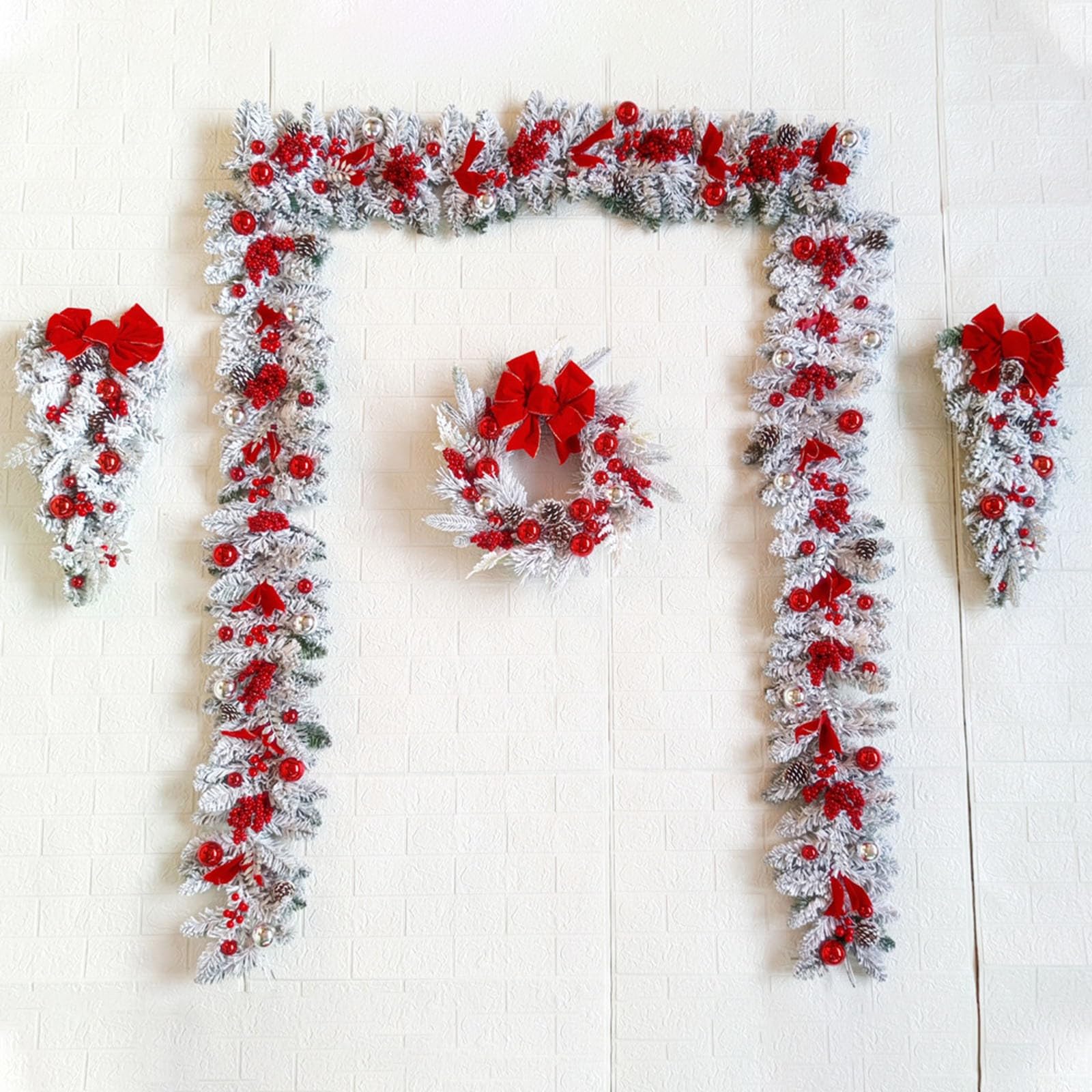 Guirnaldas Colgantes de Navidad para Puerta de Entrada, Corona de Puerta de Navidad flocada Letrero Colgante de Navidad Juego de ratán para decoración Interior Exterior(Large Suit)