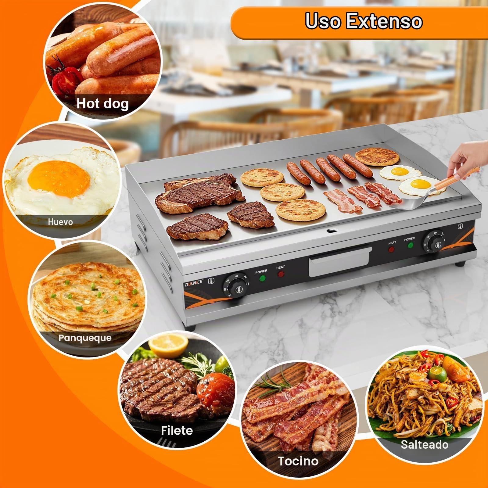 Plancha Electrica Profesional de Acero Inoxidable 73 x 40 cm Plancha Cocina Electrica 4400W, Temperatura Ajustable 50-300 °C con Bandeja Recoge Grasa, Antisalpicaduras, Fácil de Limpiar