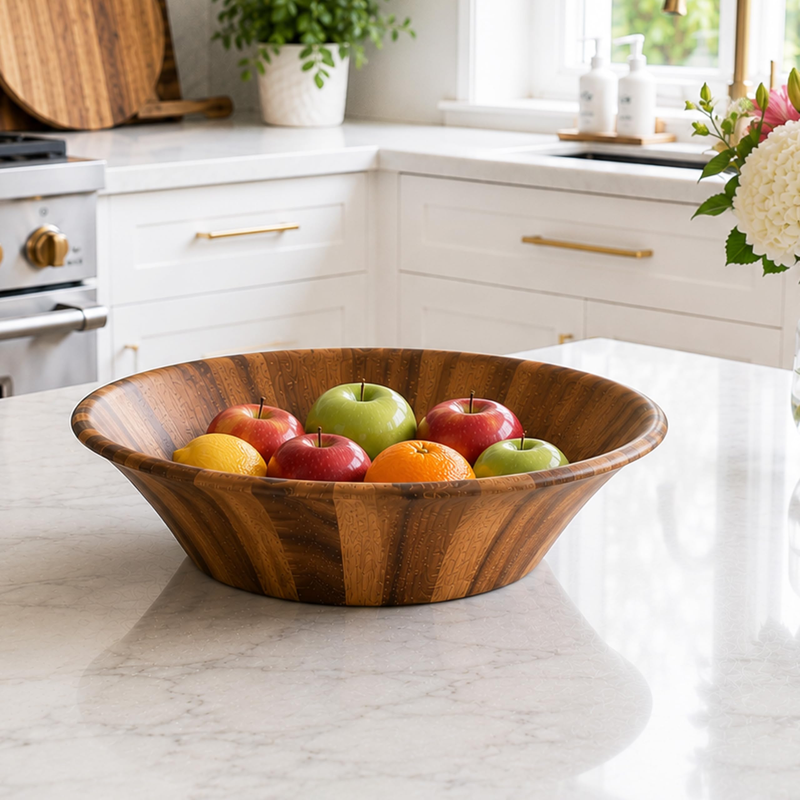 Woodard & Charles - Cuenco de madera de acacia para servir ensalada de 35,5 cm con manos de ensalada, juego de 3 piezas