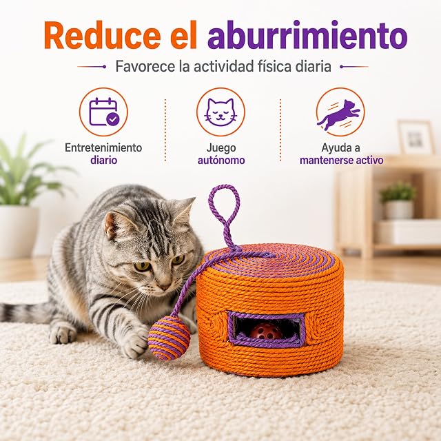 Foto 5 de 7 de Rascador para Gatos de Sisal con Juguete Interactivo, Tejido a Mano, Pelota Colgante y Bolas Interiores