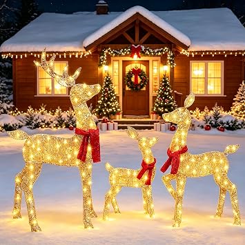 Goldleaf 2026 New 3-Piece 2.5D Outdoor Lighted Christmas Deer Decorations, 4FT Christmas Deer Family Set with 145 LED Lights, Gold