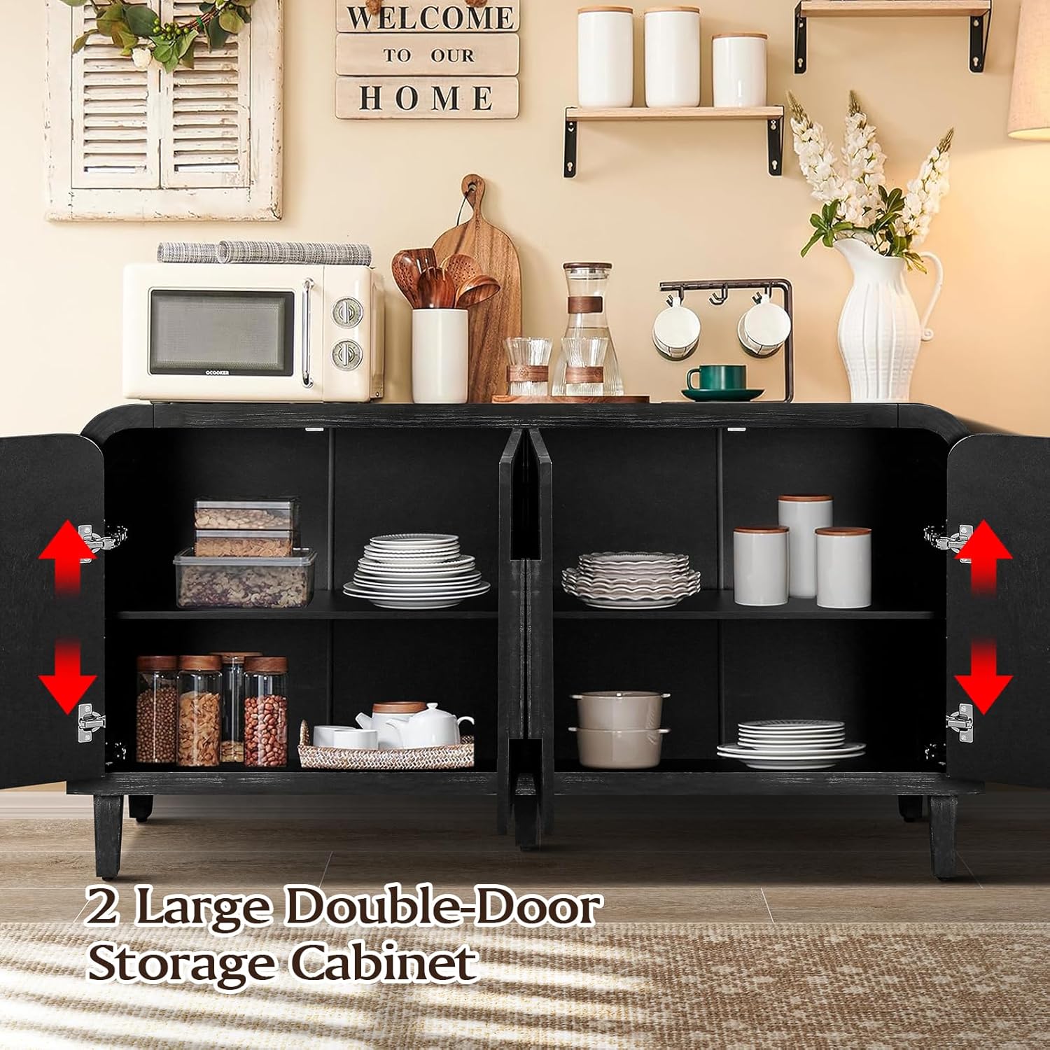 59" Retro Curved Sideboard Buffet with Large Wooden Handles, 4 Vertical Doors & Adjustable Shelves, Farmhouse Table Coffee Bar Wine Bar Storage Console Cabinet for Kitchen & Living Room