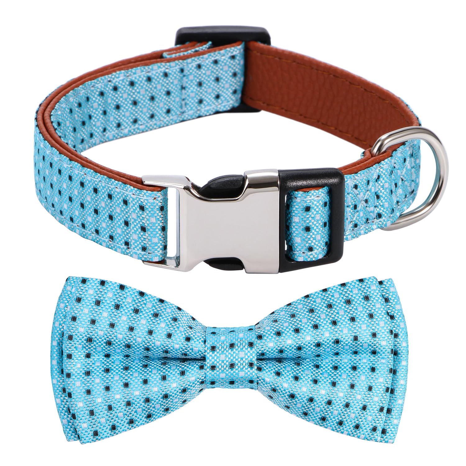 Rhea Rose Bow Tie Dog Collar Checkered Pattern Sky Blue with Bowtie for Boy Girl Dogs Large, C1_Checkered_Sky Blue