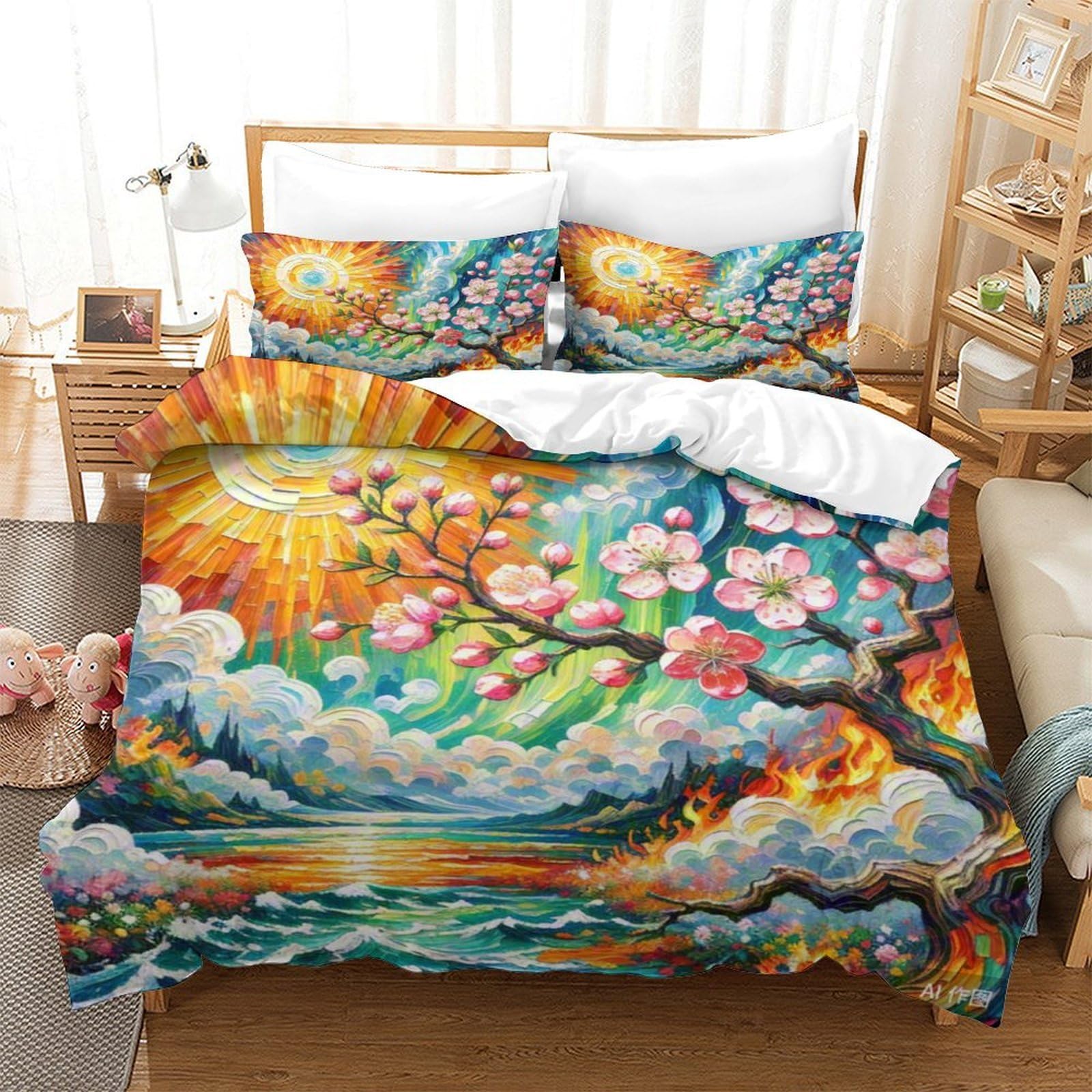 Housse de couette fleur de pêche 3D 140x200 parure de lit en microfibre avec taie d'oreiller