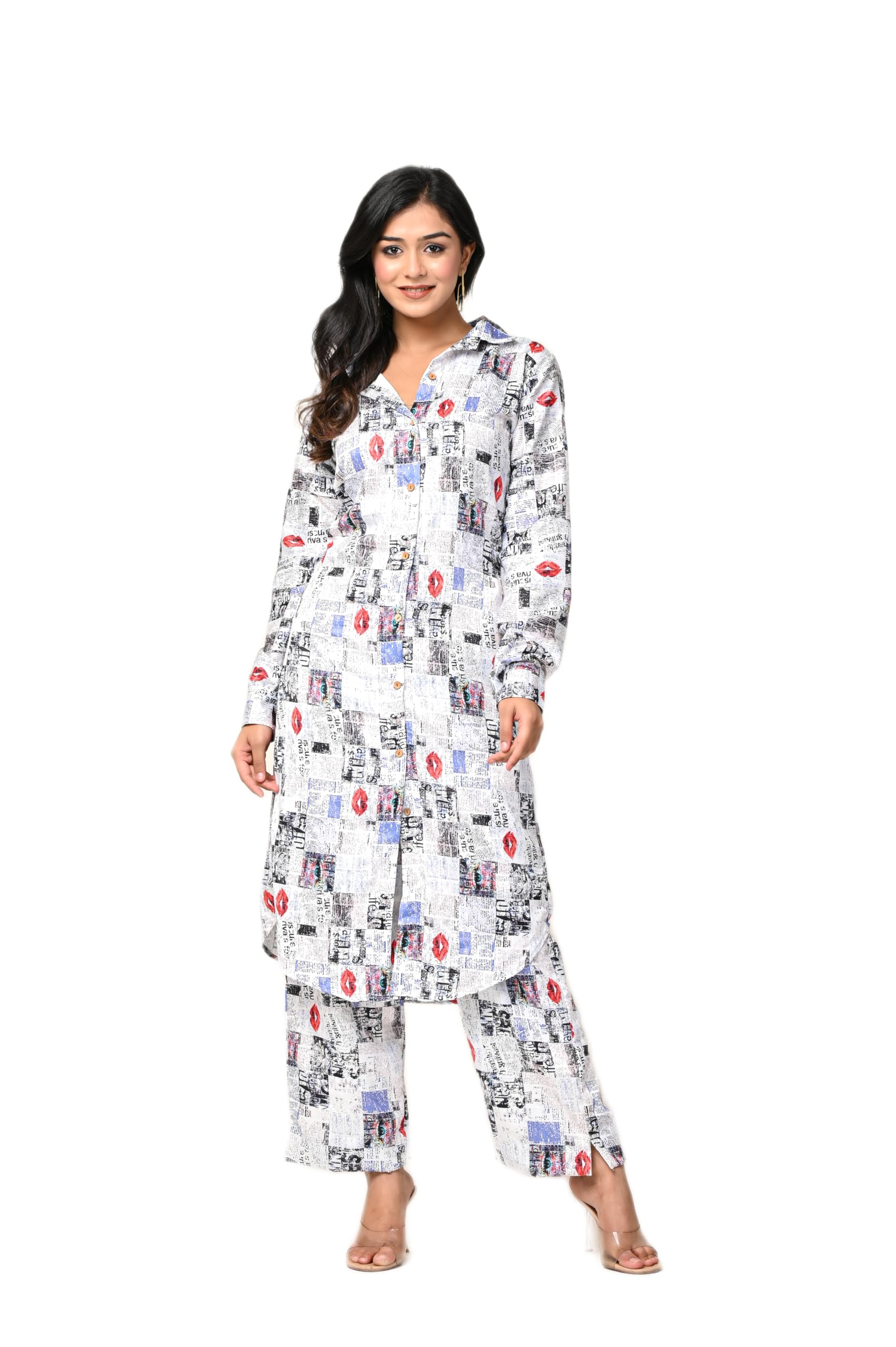 Women Satin Digital Printed Co-ord Set with Shirt Style Top and Straight Pants | Stylish Two Piece Outfit for Women (White)-image-12