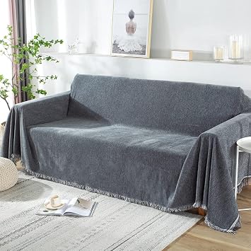 Foreate Sofa Cover Throw Couch Cover with Tassels Chenille Sectional Sofa Cover Blanket - Furniture Protector Couch Slip Cover Machine Washable for Pets Kids Dogs, 71 x 102, Dark Grey-Tassel
