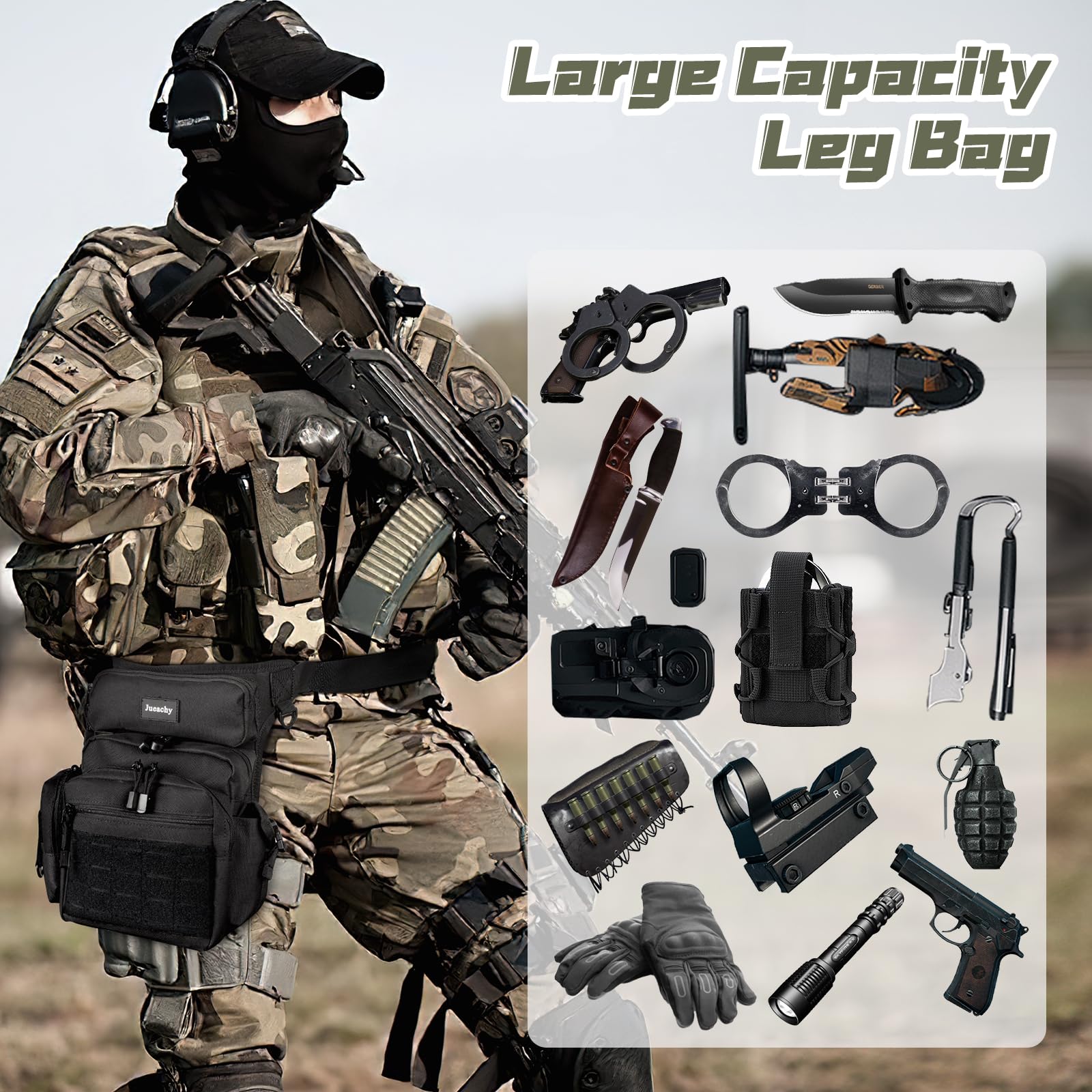 Jueachy Sac de jambe pour homme : sac de cuisse tactique pour accessoires de moto, grande pochette à outils de détection de métal, pochette d'extérieur pour la randonnée, la pêche, la chasse