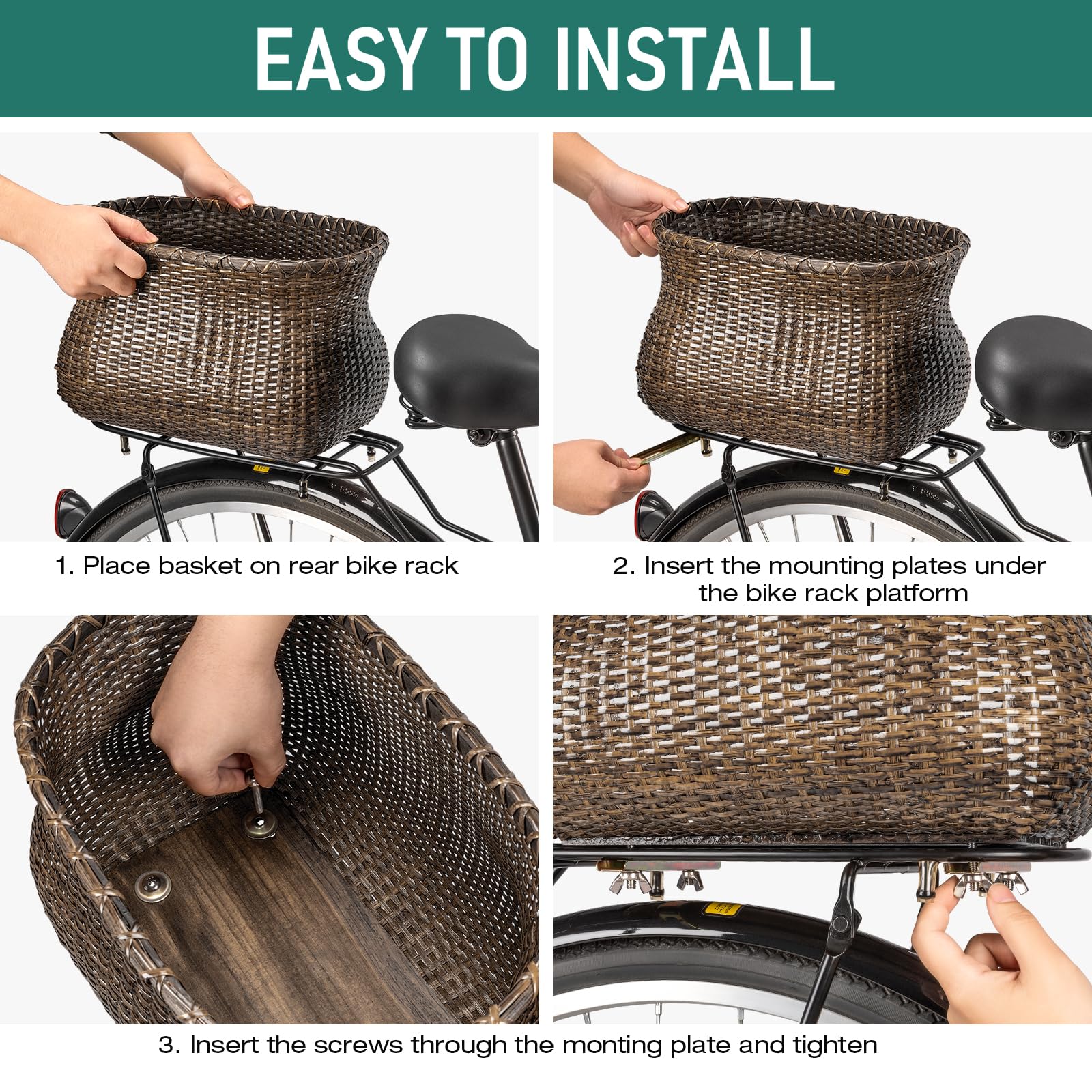 CXWXC Hinterradkorb - Handgefertigter Rattan-Fahrradkorb mit wasserdichter Abdeckung - Große Kapazität Fahrradkorb für Beach Cruiser