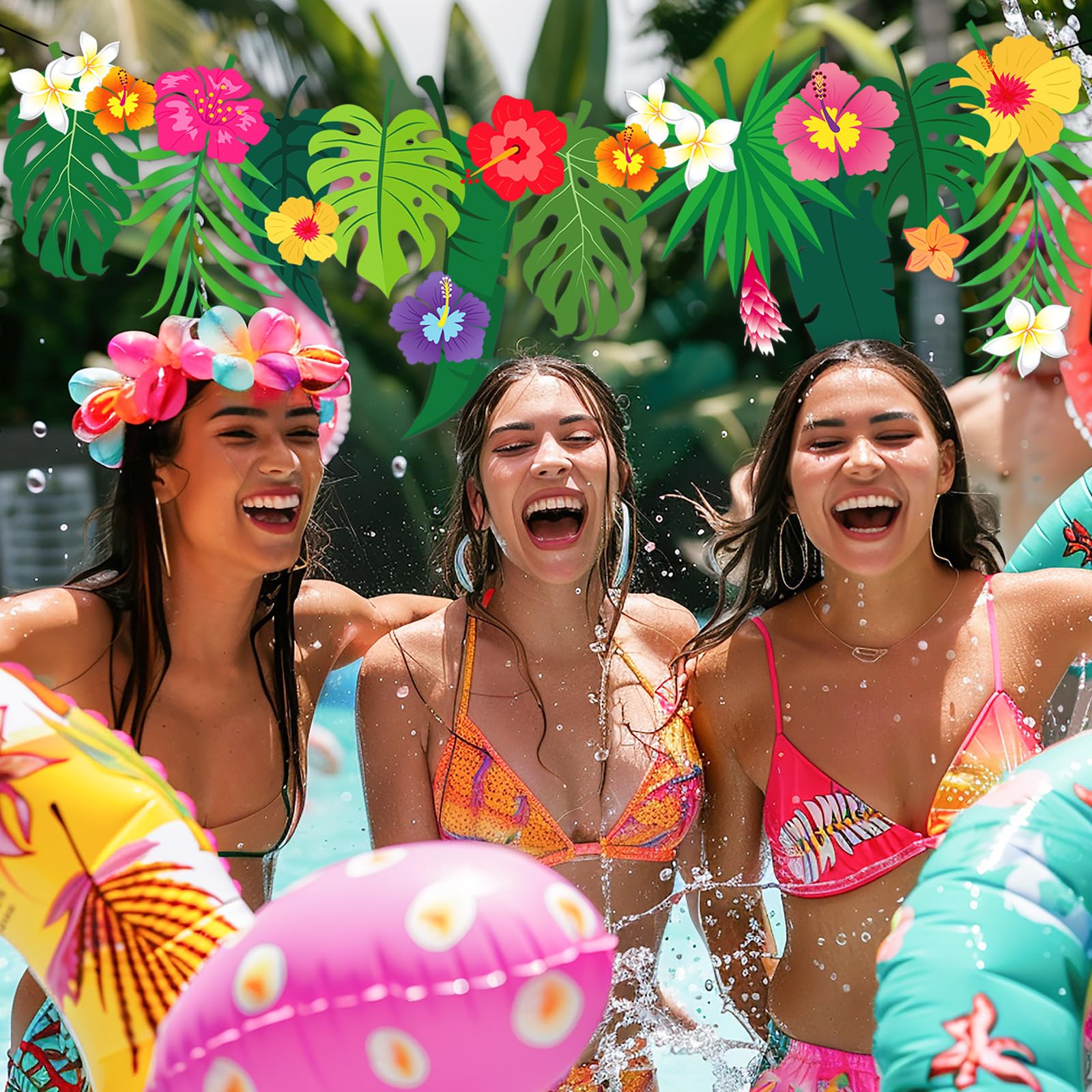 JarThenaAMCS Tropische Blumengirlande Luau Hibiskus Palmblätter Papier Banner Hawaii Aloha Party Girlande für Luna Geburtstag Sommer Strand Pool Party Dekor