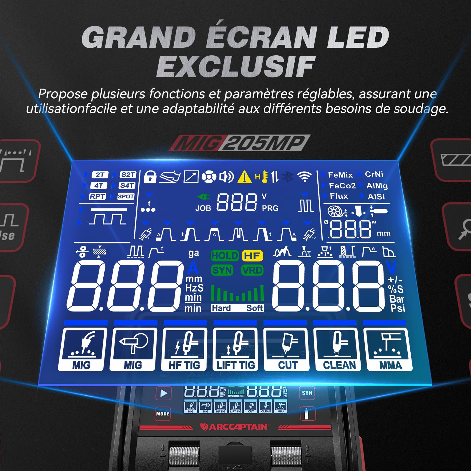 ARCCAPTAIN MIG205MP Soudeuse 9‑en‑1 avec contrôle App iControl/Plasmasoudage/MIG pulsé/Flux Core/Spool Gun/DC HF/Lift TIG/Clean/MMA pour aluminium 230 V multi‑processus
