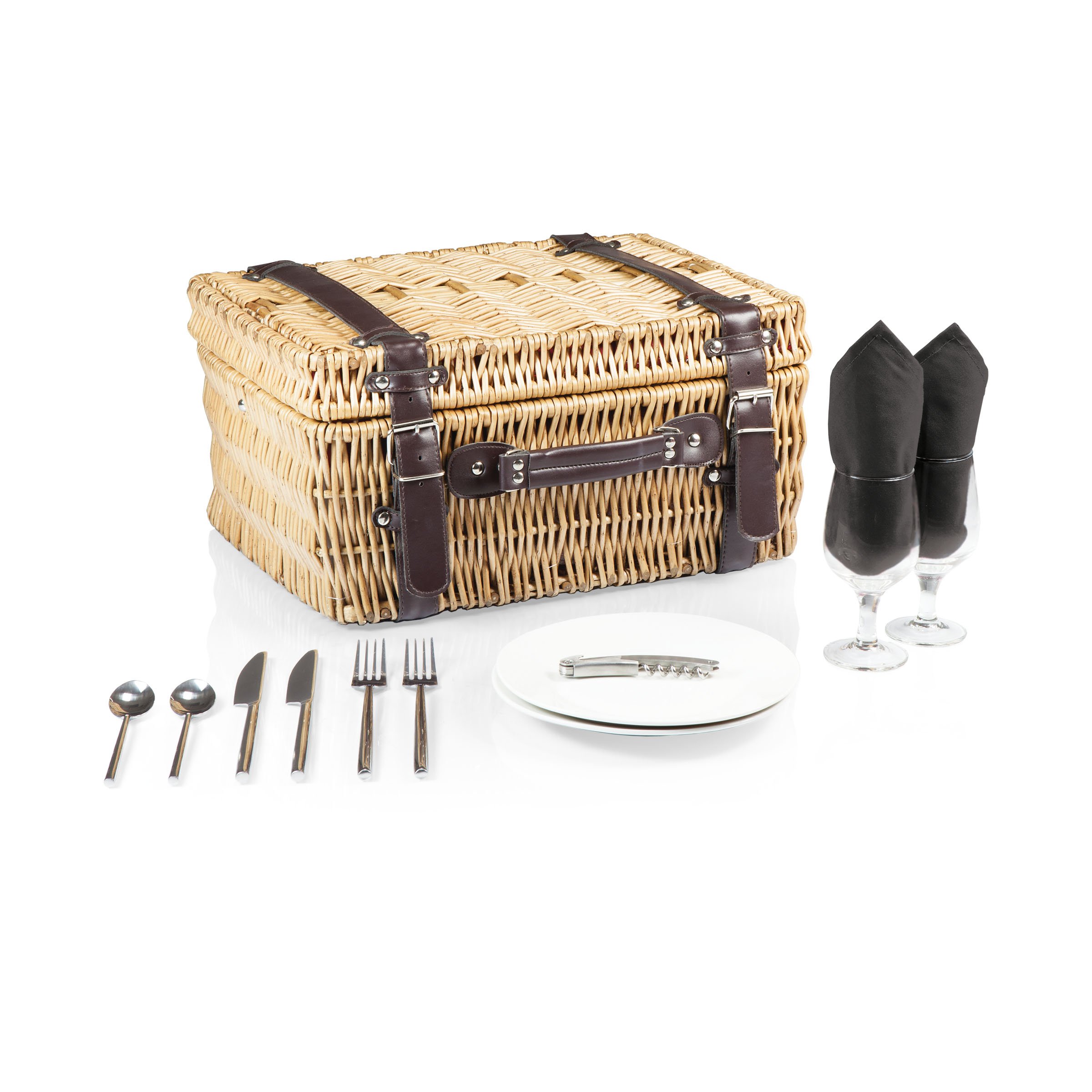 PICNIC TIME Champion Cesta de picnic para 2, juego de cesta de mimbre grande con kit de servicio de cubiertos (negro con detalles marrones)