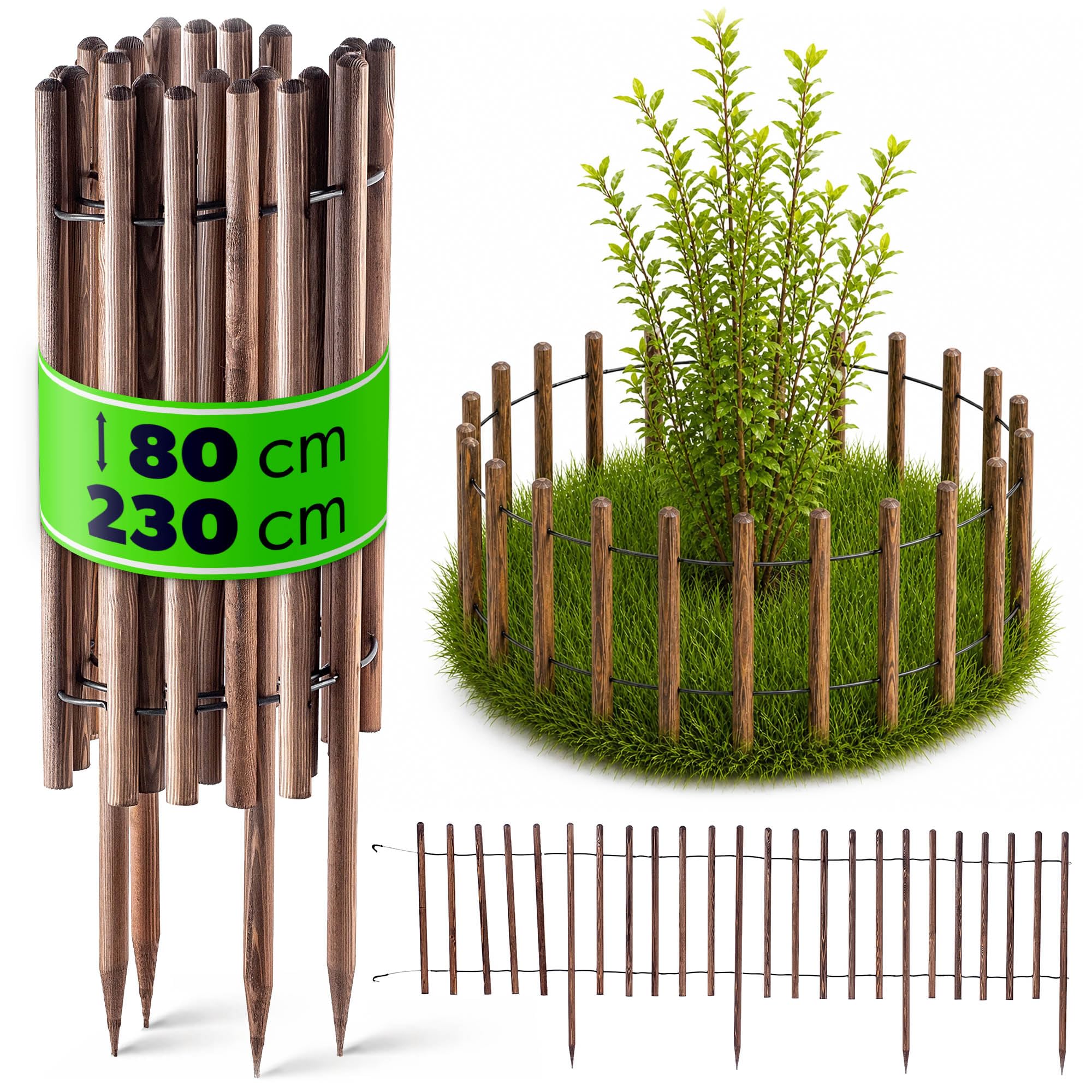 KADAX Bordo per aiuole, recinzione in legno resistente alle intemperie, bordo per aiuole con collegamento in filo di acciaio, bordo per prato, bordo per giardino, aiuole o parco (80 x 230 cm)