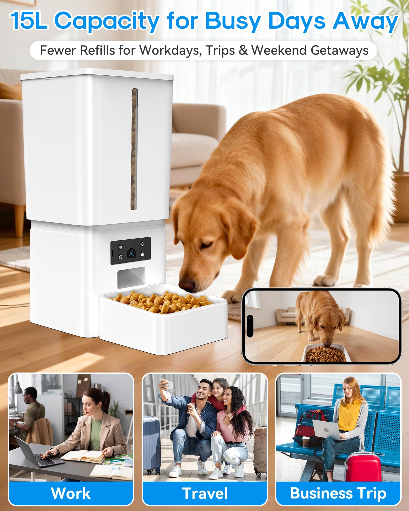 Comedero automático para perros de razas grandes, 15L/63 tazas: se alimenta durante 18-25 días, diseño antiobstrucciones para croquetas de 2 a 23 mm, dispensador automático de alimentos para perros
