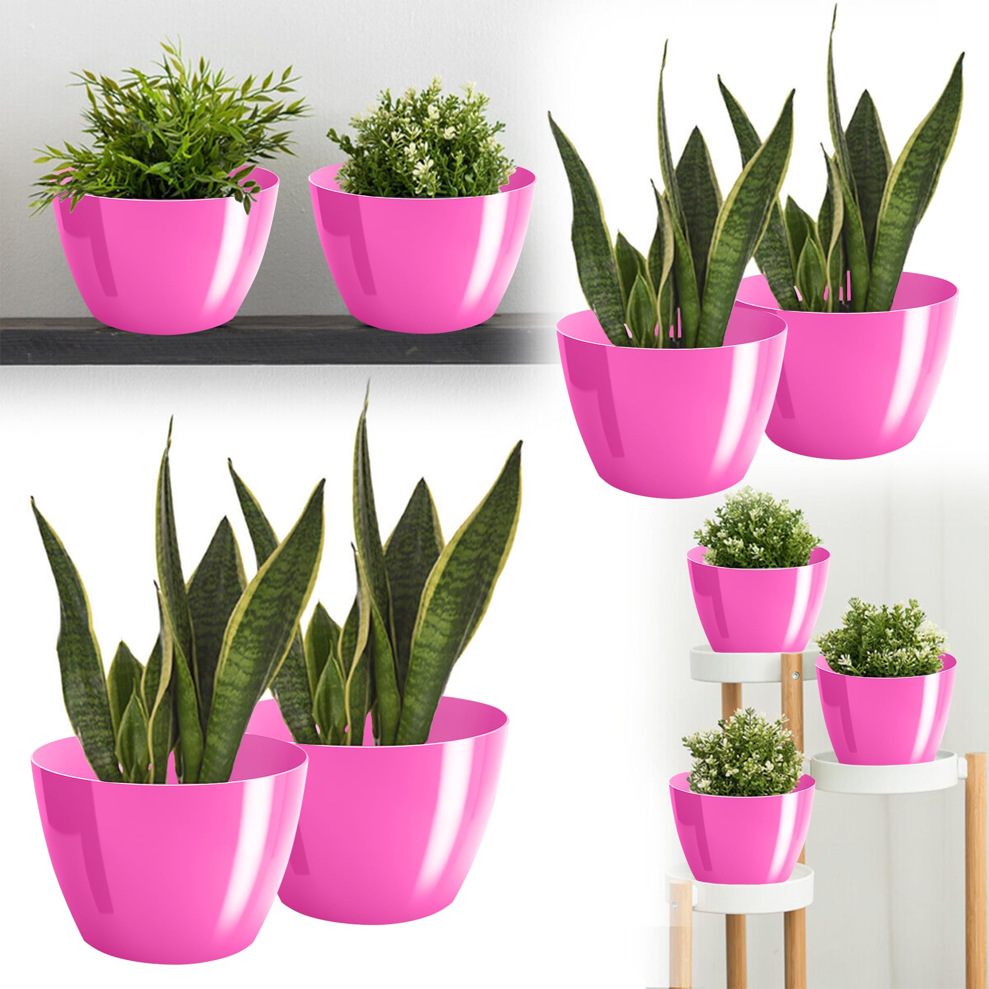 Blumentopf glänzender, Pflanzkübel aus Übertopf Kunststoff Dekorativer Topf für, groß und klein Pflanzen, 2er-Set blumenkübel, blumenkübel kräutertopf, (2 Pack) Fuchsie, ø 14 cm - 3