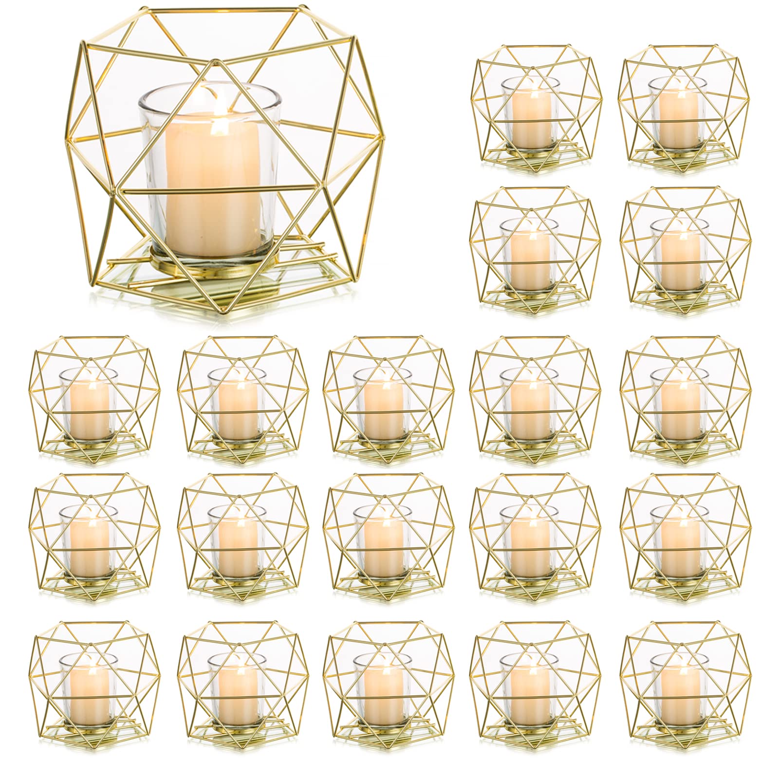 20pcs Geometric Candle Tealight Holders Gold - Holder for Tea Light Decorative Votive Candle Stand Accents for Home Table Shelf Mantel Modern Geo Decoration Christmas Wedding Reception Décor, Gold