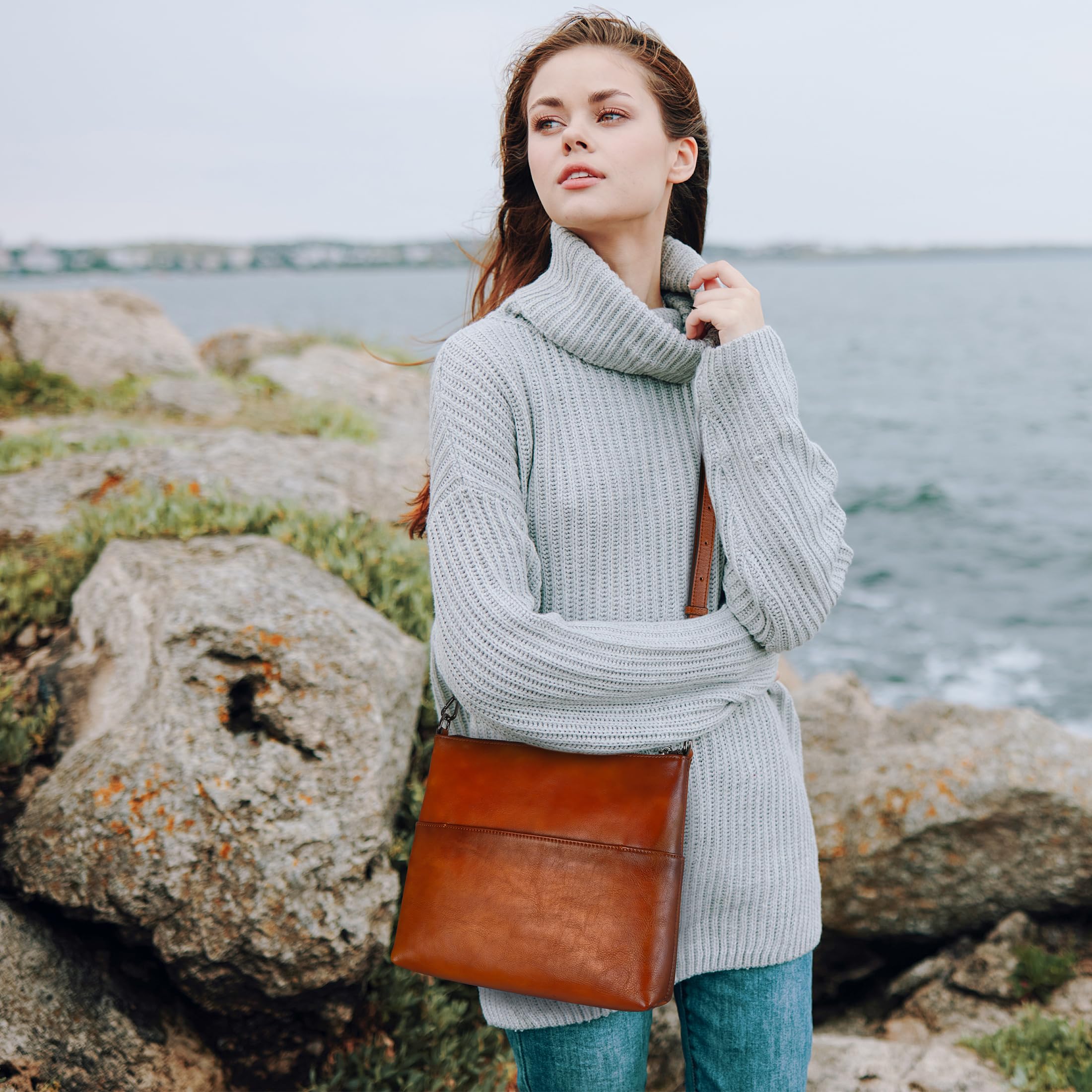 Iswee Small Crossbody Bags for Women Shoulder Purse Real Leather Cross Body with Zipper Lightweight Satchel Pocketbooks(Brown)