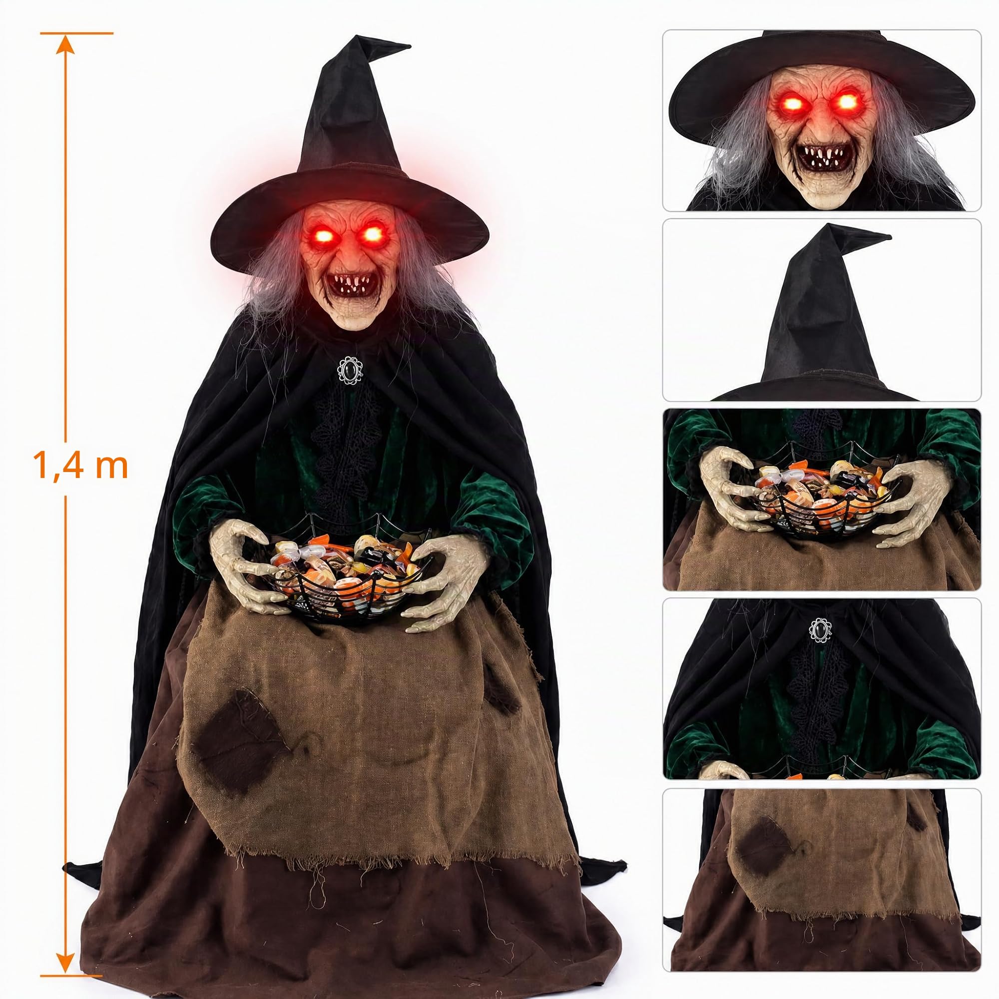 Hourleey Animierte Halloween-Hexendekorationen, Sound & Motion Aktivierte Sitzende Hexe mit leuchtenden Augen und Sound, Animatronics Gruselige Hexe Dekor für Veranda Hof Spukhaus Indoor Outdoor Party