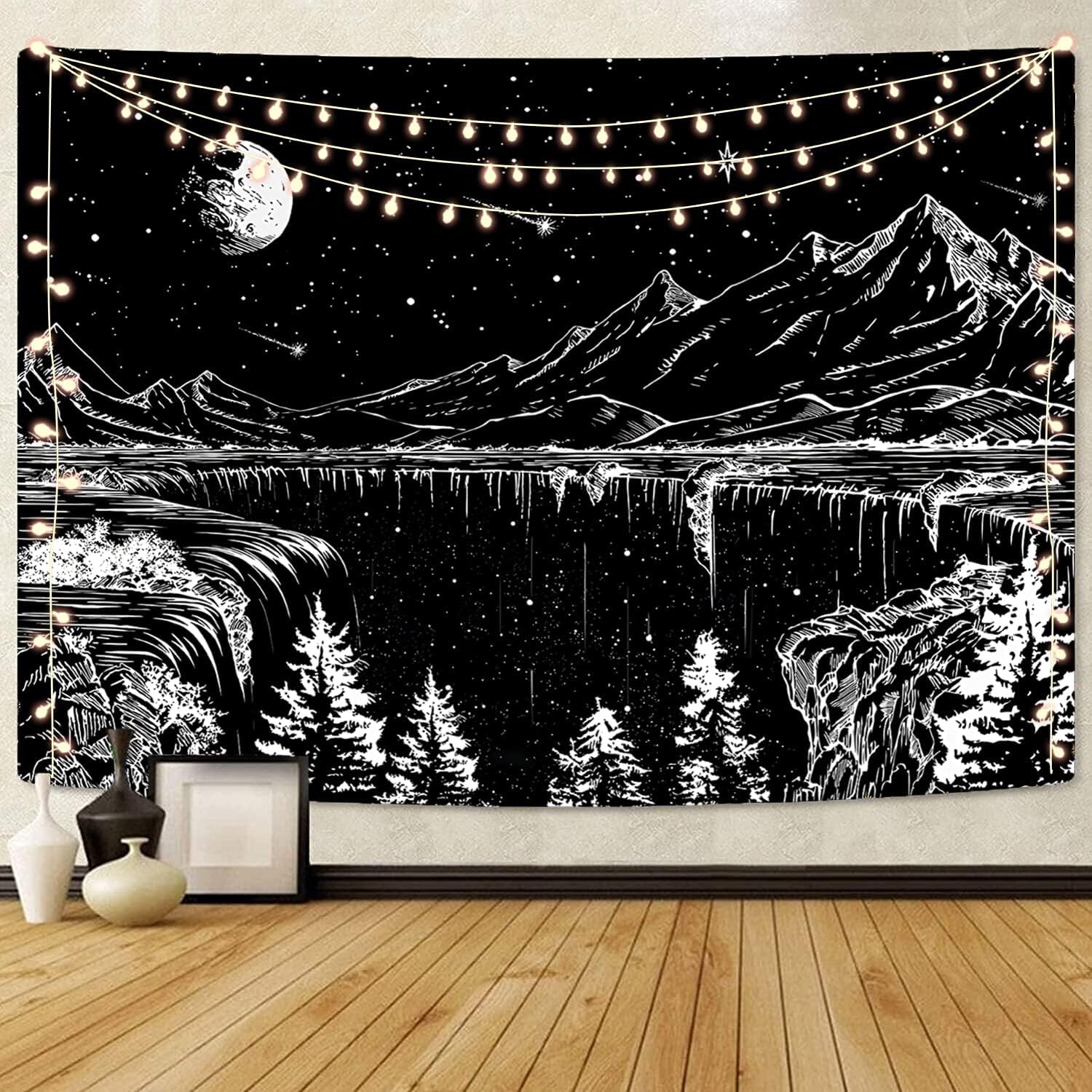 Simpkeely Black and White Tapestry Starry Night Tapestry Mountain Moon Stars Wall Hanging Tapestries for Bedroom Living Room - 150cm x 200cm