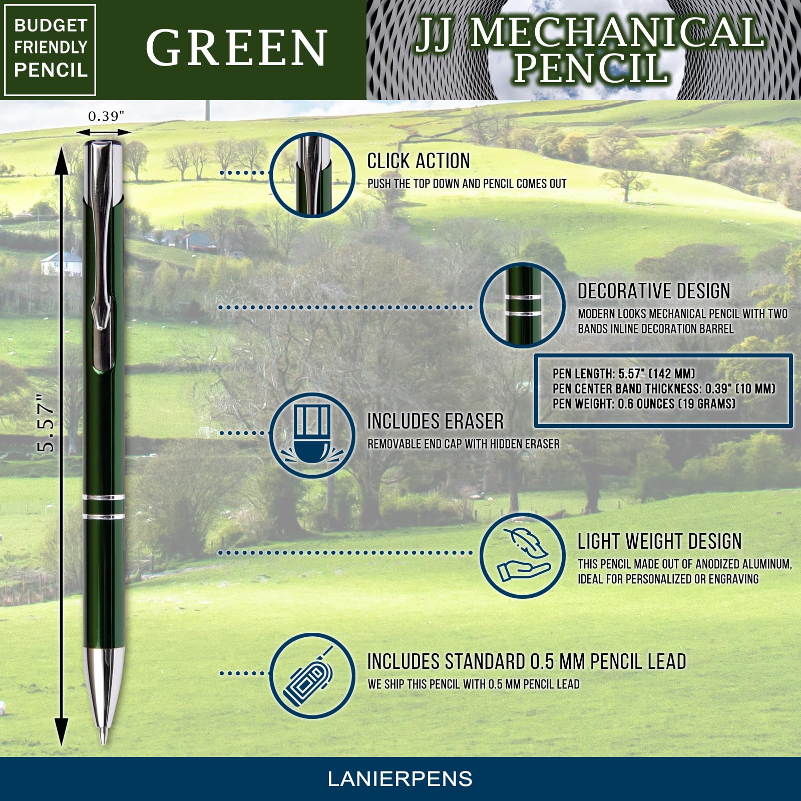 Lanier Pens Portaminas JJ verde económico, repuesto estándar de mina de 0,7 mm