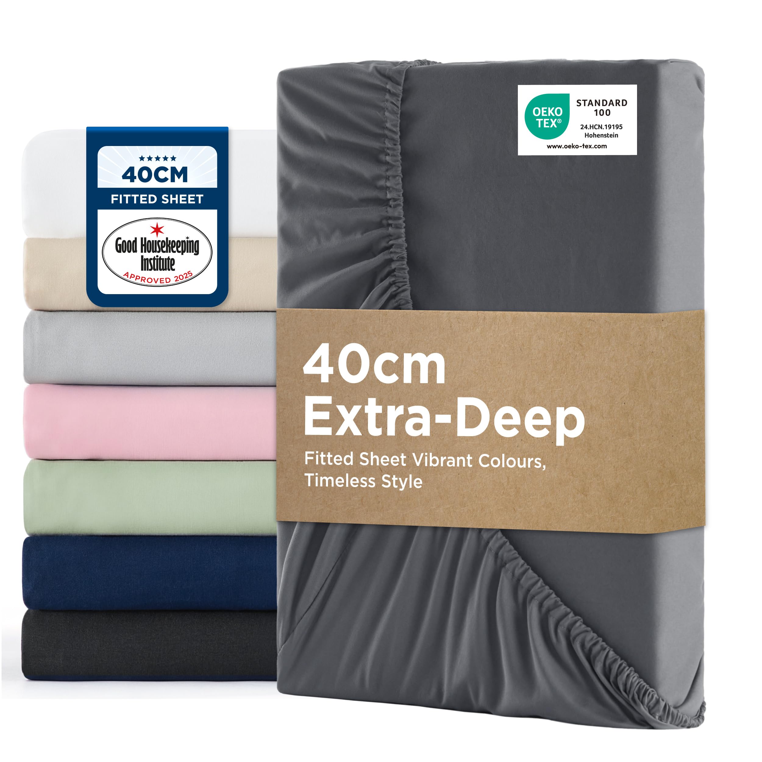 Bedsure Double Fitted Sheet Deep - Bed Sheets Extra Deep Pocket 16 Inches (40 cm), Soft Brushed Polyester Microfiber Material for Double Bed, Dark Grey, 135x190cm