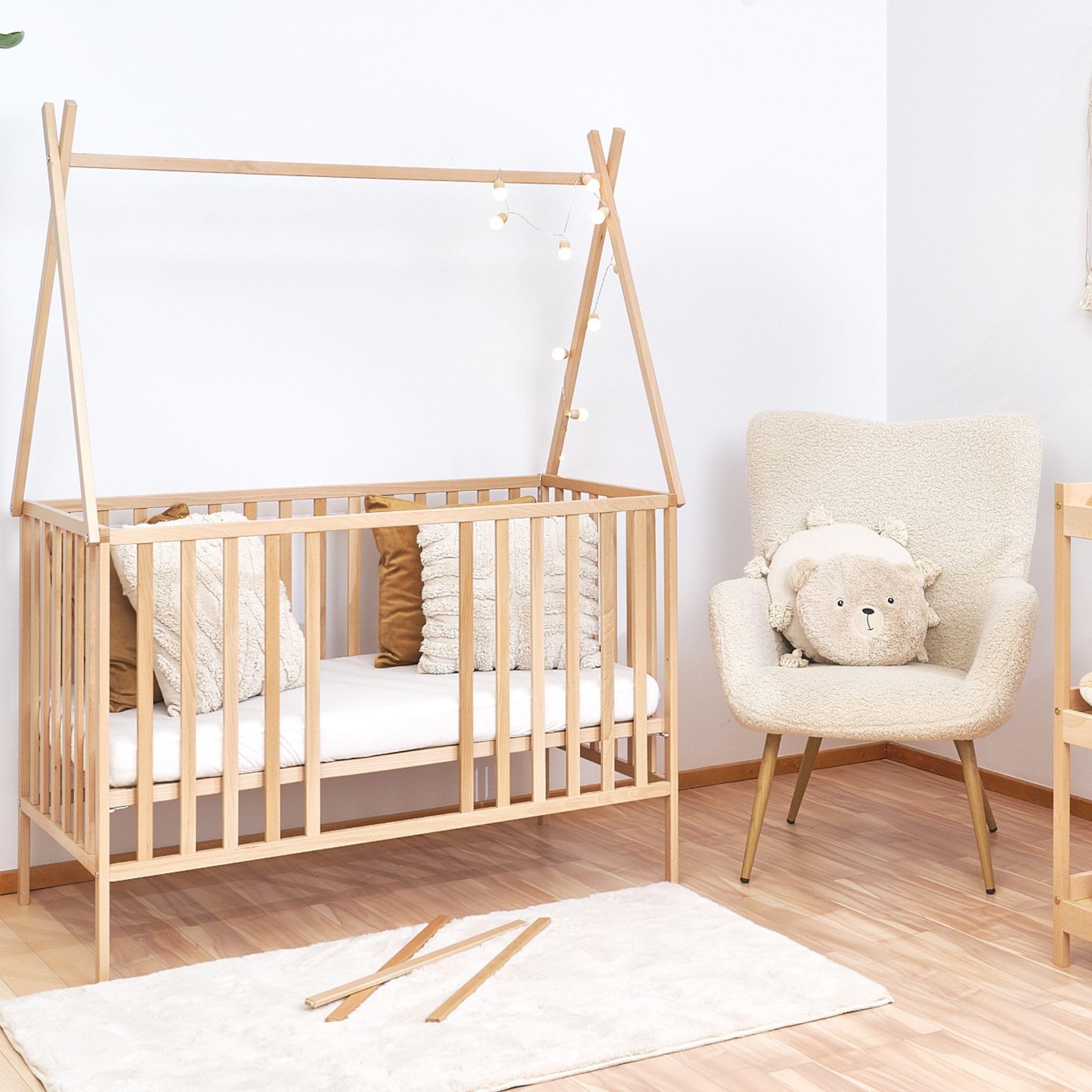 ATB - Lit Bébé Evolutif 120x60 - Convertible Bois Naturel - Design Enfant - Tipi - 60x120 Dimension - Lits pour Chambre Enfant - Mobilier