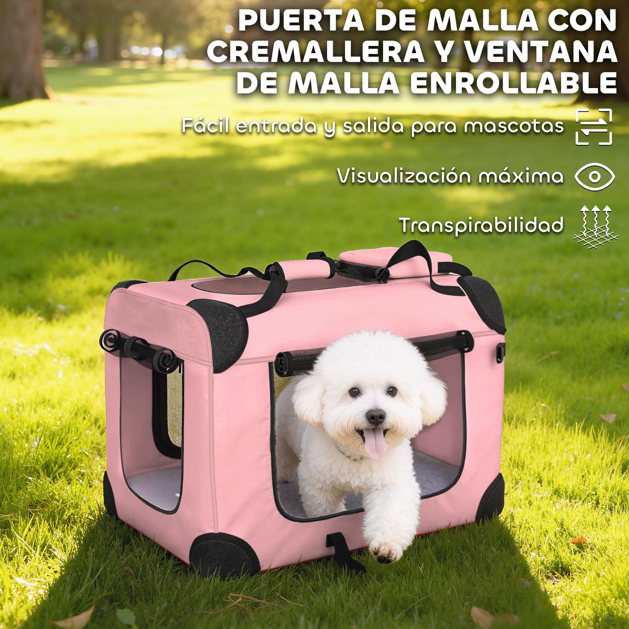 PawHut Transportín para Perros Plegable, 60x41,5x41 cm, Transportín para Mascotas con Ventanas de Malla, Cojín Suave y 2 Asas, Bolsa de Transporte para Mini Perros, Gatos, Rosa