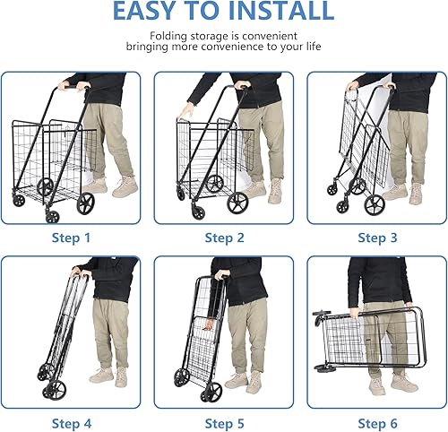 Miniatura 5 de Saicool Carrito de compras utilitario carrito portátil plegable compacto con doble cesta y ruedas giratorias para lavandería compras despensa garaje