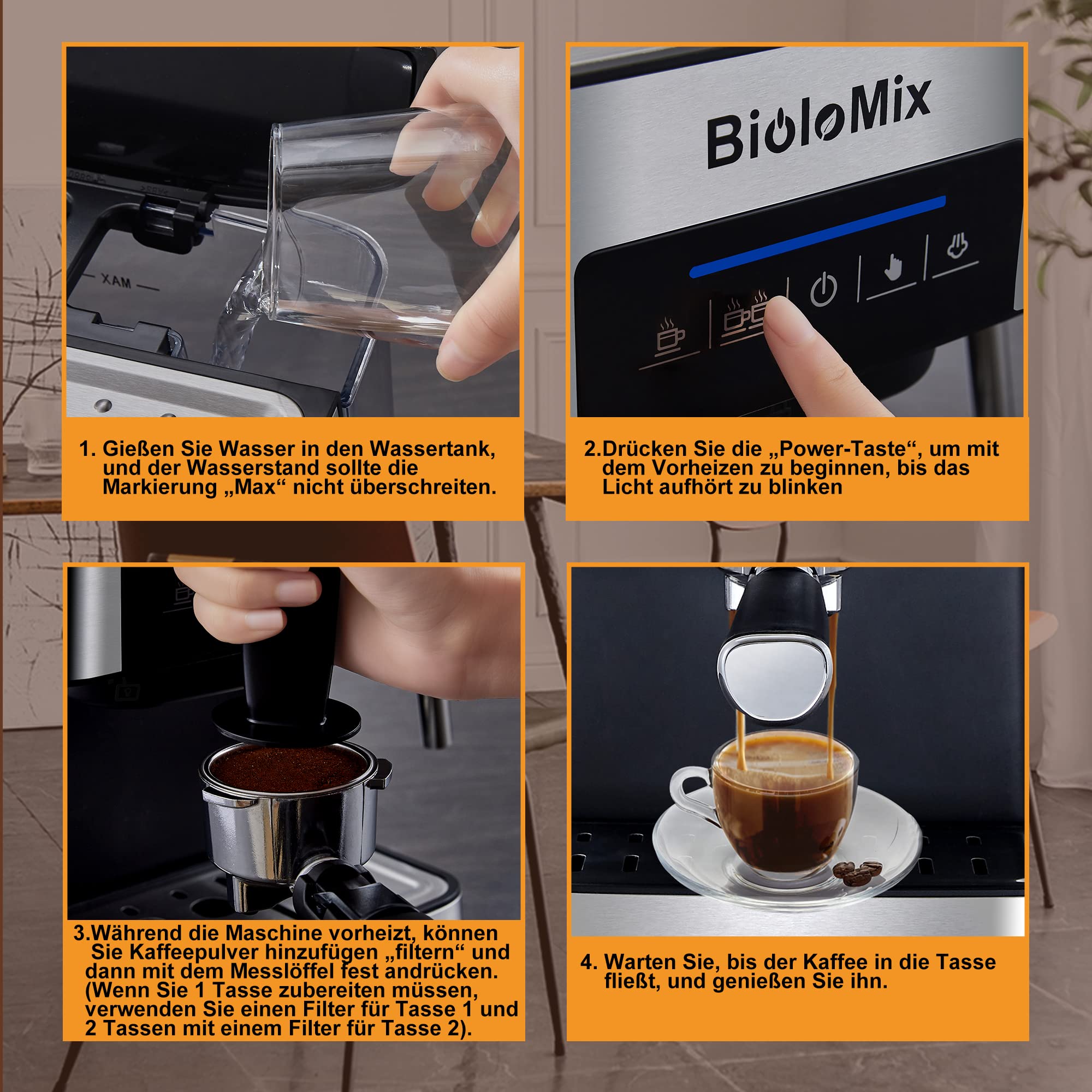 Biolomix Espressomaschine Siebträgermaschine 20 Bar,Filterhalter mit Doppelauslauf,Milchaufschäumdüse,abnehmbarer Wassertank, für 1-2 Tassen,Espresso,Cappuccino und Latte Machiato