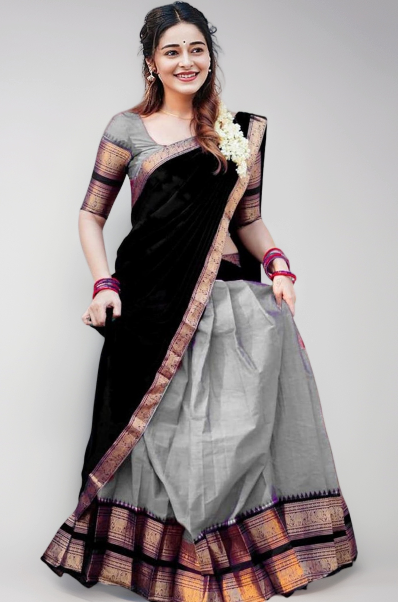 RENVAANI Women's Traditional Kanjivaram Kanchipuram Silk Zari Weaving Unstitched Lehenga Choli with Dupatta (Off White)